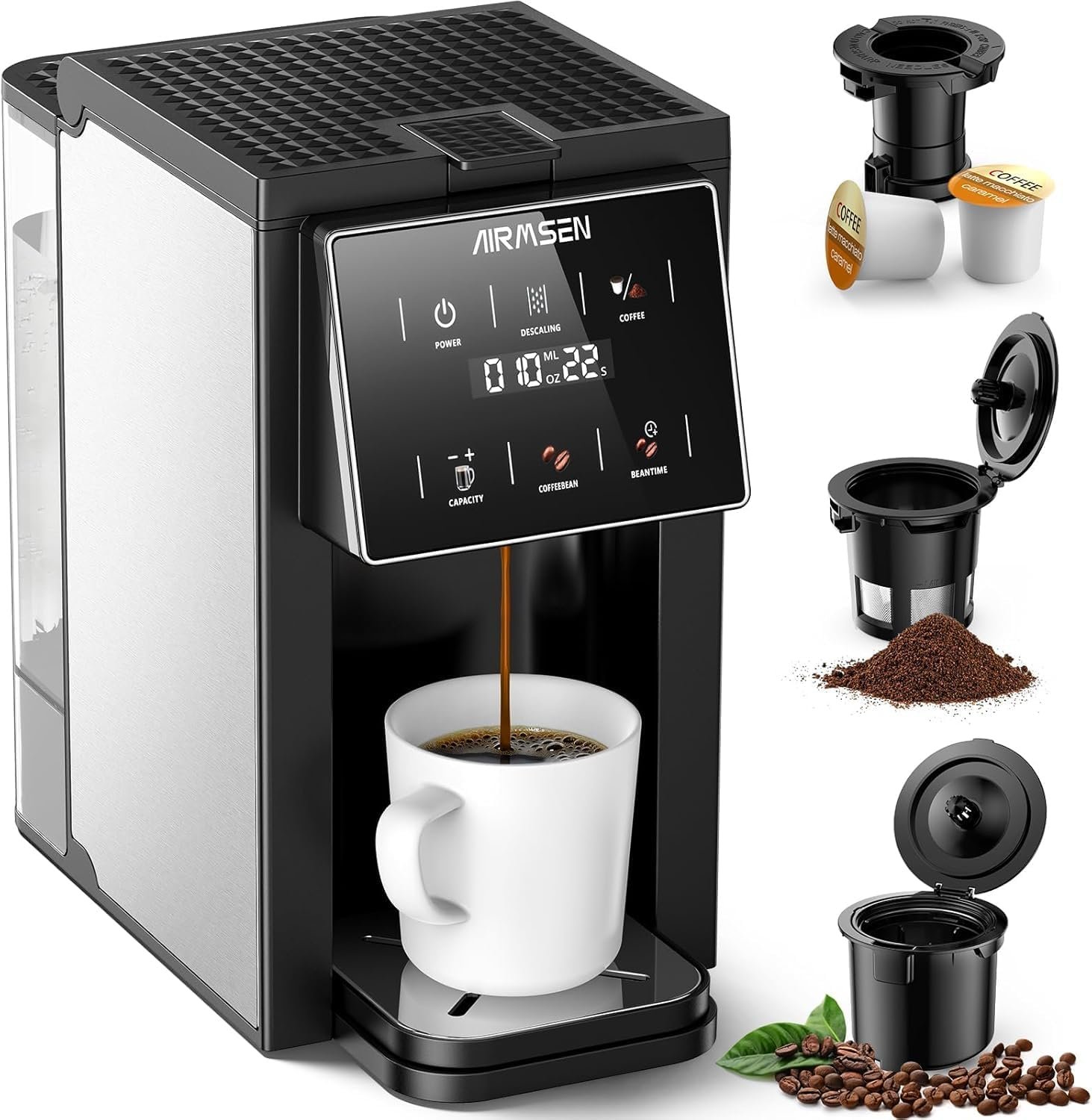 AIRMSEN Grind and Brew Coffee Maker, K-Cup Compatible, Single-Serve | 3 Brewing Options, Built-In Grinder, Large 50oz Removable Water Tank, Powerful 1000W Heating System, Smart Touchscreen