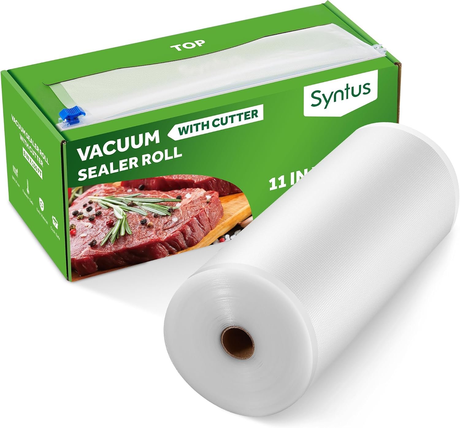 Syntus 11″ x 150′ Vacuum Sealer Bags Rolls Keeper with Cutter Dispenser | BPA Free, Commercial Grade, Heavy-Duty, Microwave Sous Vide Cooking, Meal Prep, Custom Length, Precise Cuts, for Food Storage
