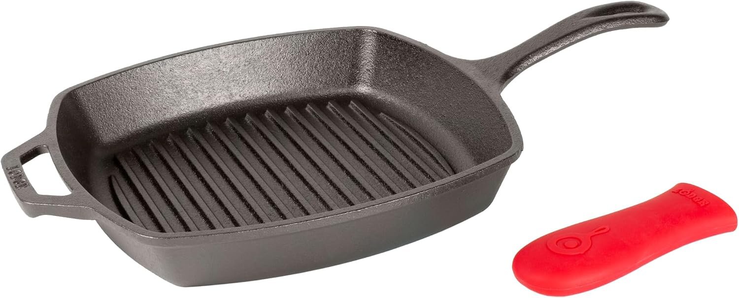 Lodge Square Cast Iron Grill Pan 10.5 Inches – Pre-Seasoned Square Skillet – Ridged Burger Grill Pan – Even Heat Distribution – PFAS-Free Non-Toxic Cookware