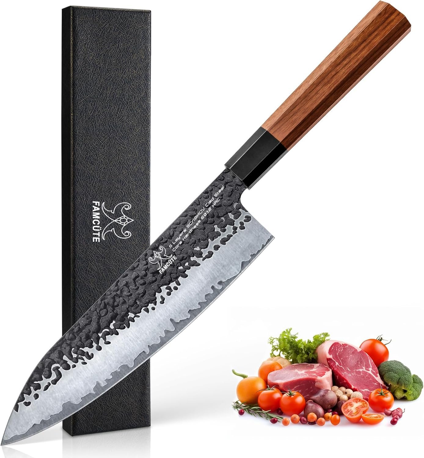 8″ Japanese Knife, Hand-Forged Ultra Sharp Chef Knife Gifts for Men | 5-Layer High Carbon 9CR18MOV Steel Kitchen Knife with Rosewood Handle for Home Cooking/BBQ, Unique Birthday Gifts for Dad/Mom