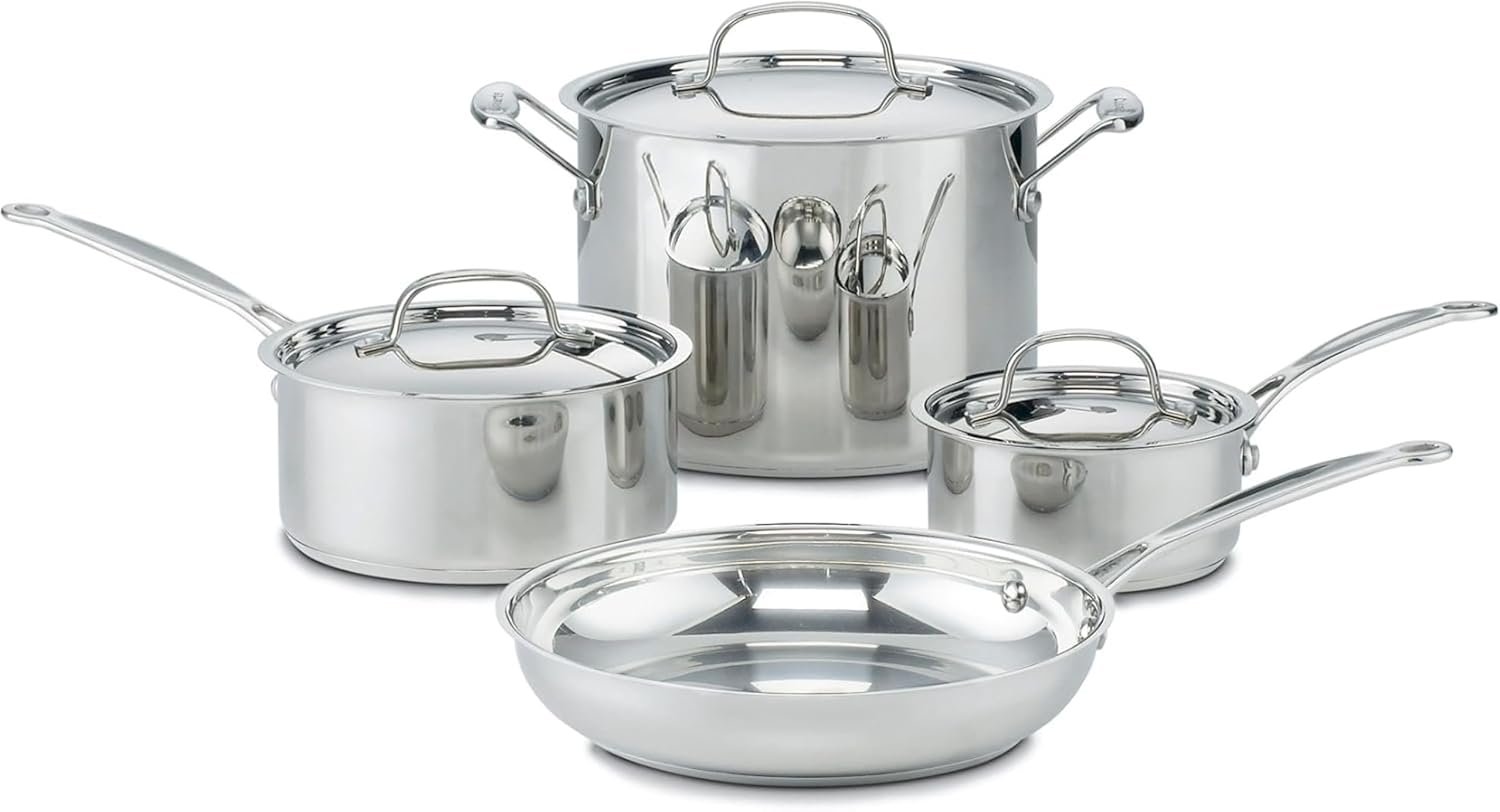 Cuisinart 7-Piece Stainless Steel Pots and Pans Set, Cookware Set Compatible with Induction, Electric, Gas Cooktops, Aluminum Core for Quick Even Heat, Cool Grip Handles, Dishwasher Safe, Oven Safe | Dishwasher-safe pots and pans set with oven/induction/gas/electric compatibility, measurement marks, Flavor Lock lids, 77-7P1