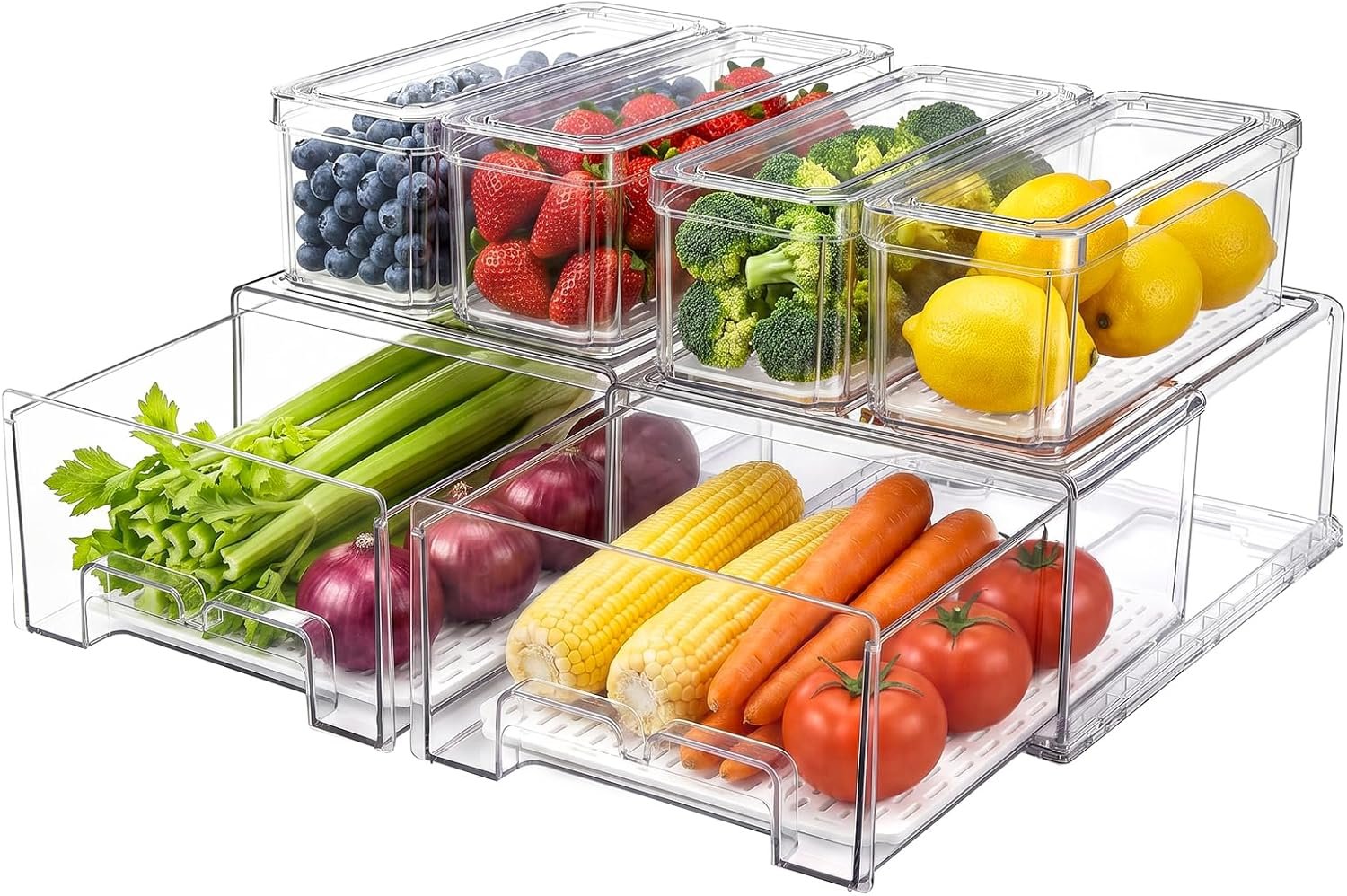 6Pack Fridge Organizers and Storage,Stackable Fridge Organizer Bins with Lids, 2 Pull Out Fridge Organizers and 4 Storage Container with Drain Tray for Fruits, Vegetables, Drinks, Snack and Food