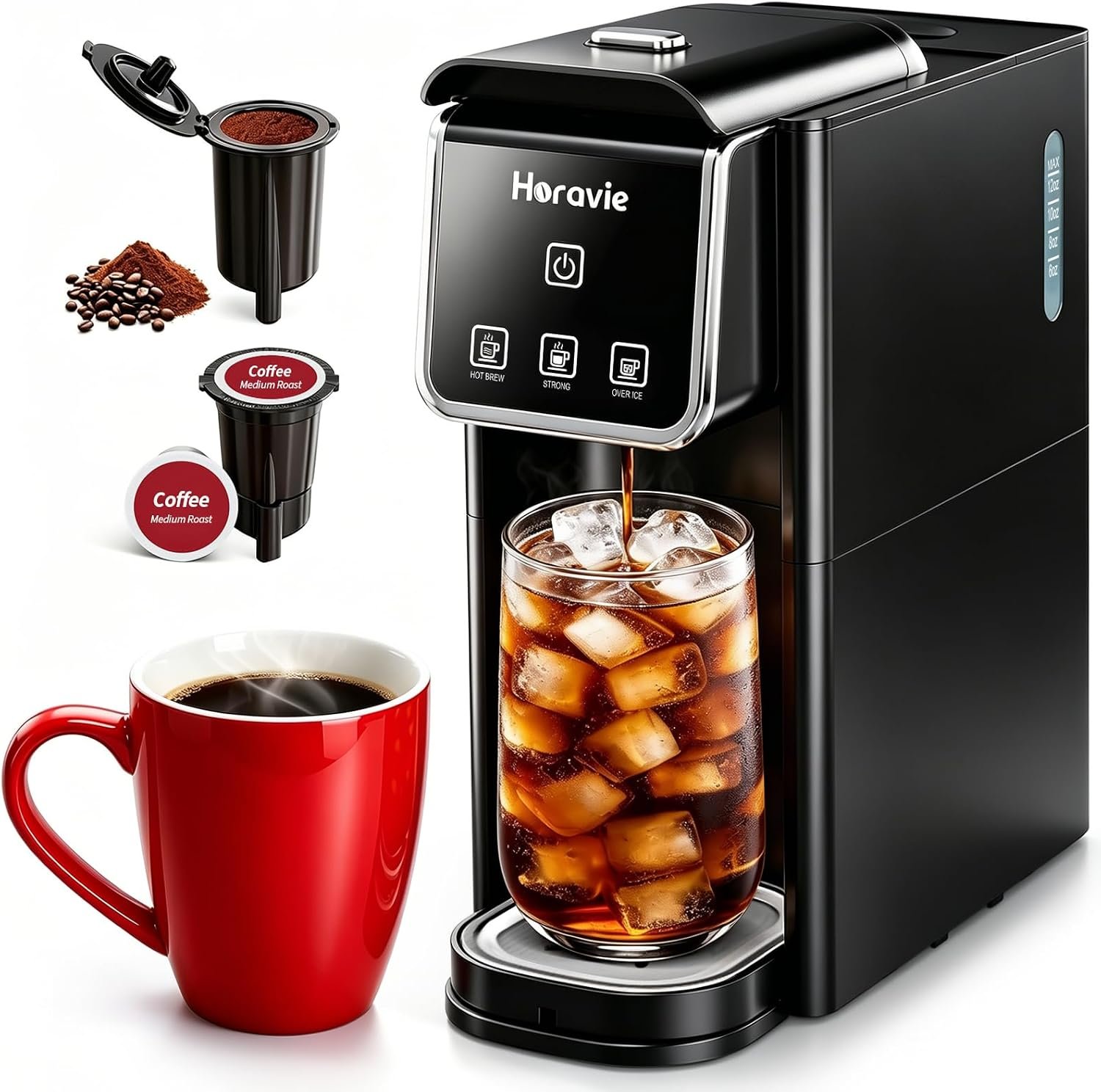 Horavie Hot and Iced Single Serve Coffee Maker, for K-Pod and Grounds, Strong Brew Setting, 6-12 Oz Brew Sizes One Cup Coffee Maker for Home, Travel, RV, Office and Dorm, Black