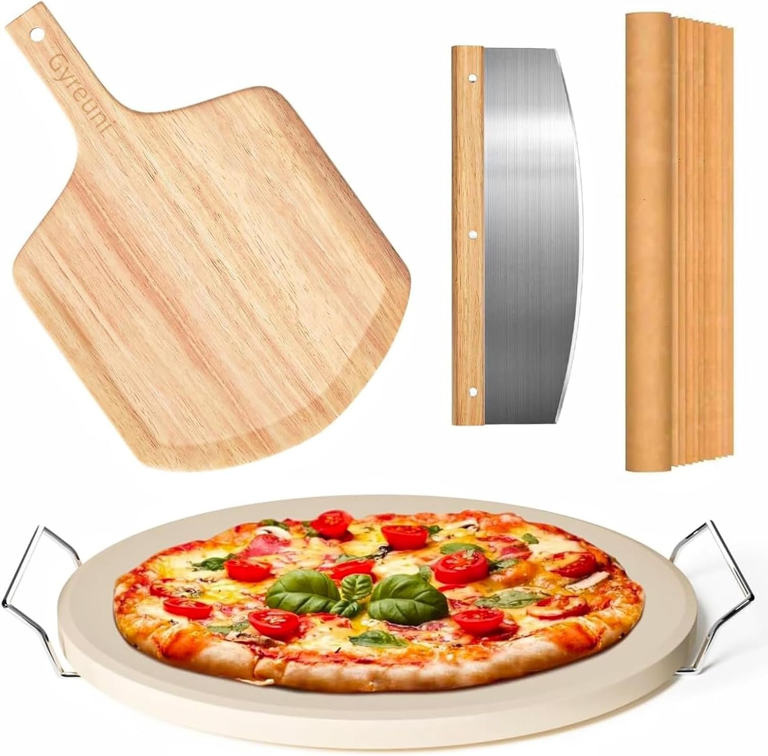 5 PCS Round Pizza Stone Set, 13″ Pizza Stone for Oven and Grill with Pizza Peel(OAK),Serving Rack, Pizza Cutter & 10pcs Cooking Paper for Free, Baking Stone for Pizza, Bread | Complete baking stone set:13” pizza stone, pizza peel, serving rack, pizza cutter and cooking paper for pizza, bread,BBQ
