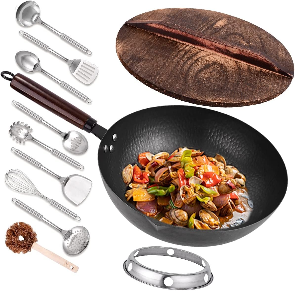 Leidawn 12.8″ Carbon Steel Wok,11 Pcs Woks & Stir Fry Pans Wok Pan with Lid | Pre-Seasoned No Chemical Coated Chinese Pan with 10 Cookware Accessories, Flat Bottom Woks for Electric, Induction,Gas Stoves