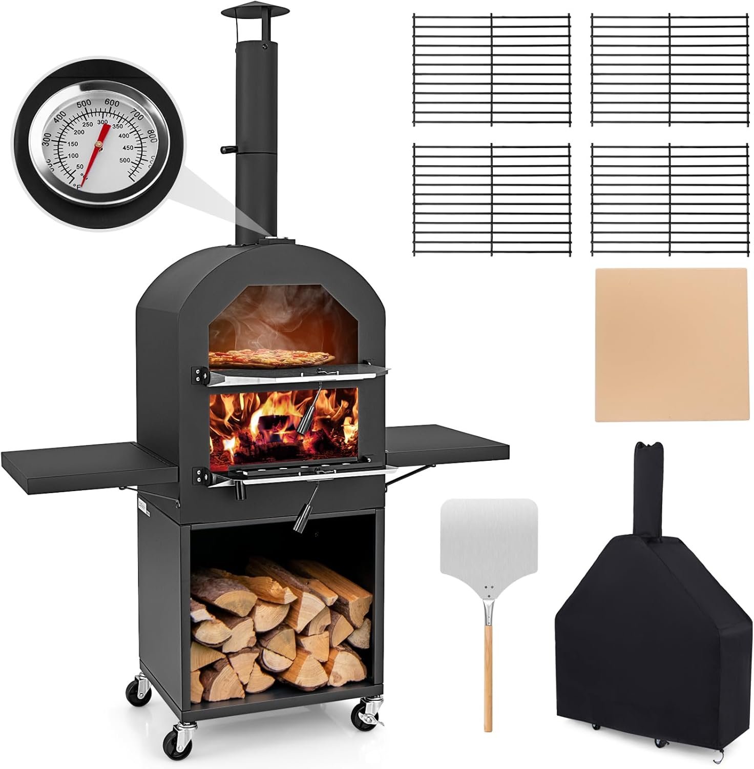 Giantex Outdoor Pizza Oven Wood Fired, Pizza Maker on Wheels | 2 Side Tables, Built-in Thermometer, Pizza Stone, Pizza Peel, Cover, Cooking Grids, for Camping Backyard BBQ Party