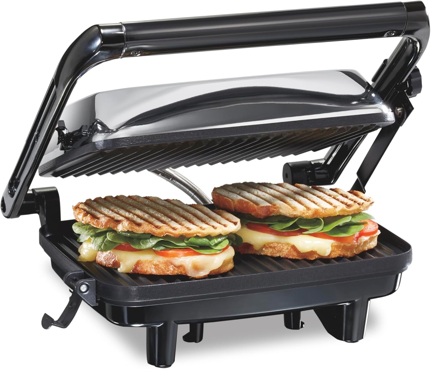 Hamilton Beach Panini Press, Sandwich Maker & Electric Indoor Grill | Floating Hinge Evenly Cooks Any Sandwich | Locking Lid | PFAS-Free Non-Stick 8″ x 10″ Grids | Chrome