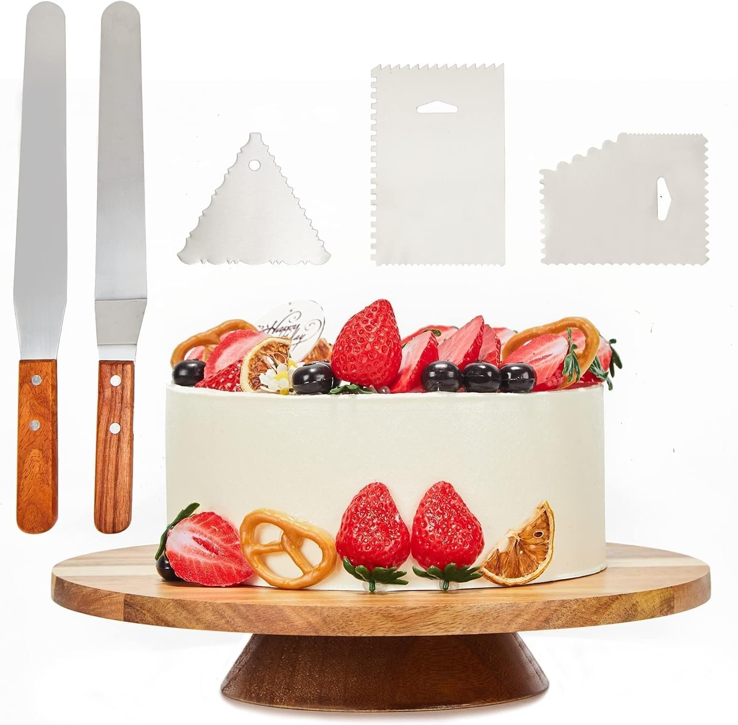 12″ Acacia Wood Revolving Cake Stand,Wooden Rotating Display Stand for Cake