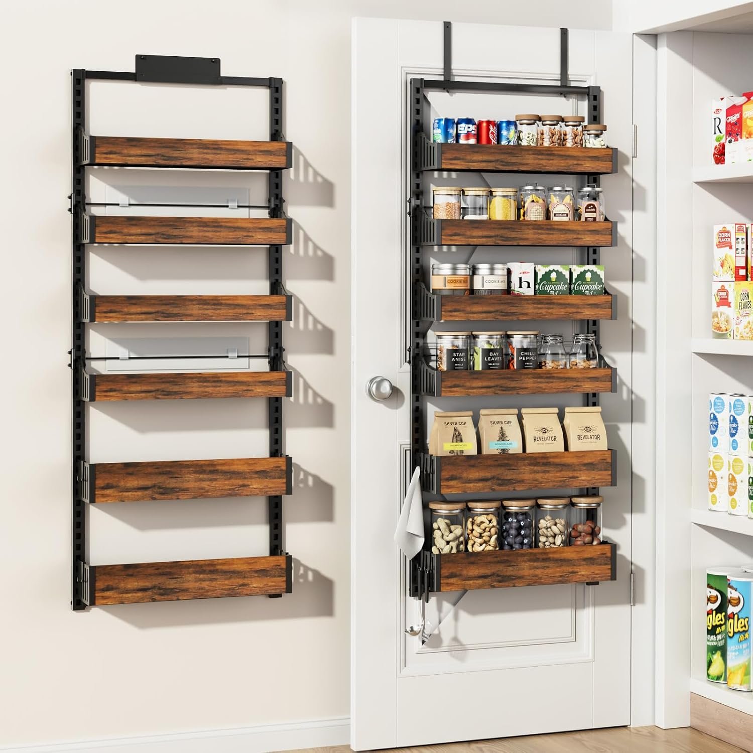 Over the Door Pantry Organizer: Storage and Pantry Organization with Hanging Basket – 6-Tier Metal Spice Rack Adjustable Shelves for Kitchen Laundry Room Bedroom & Bathroom Black