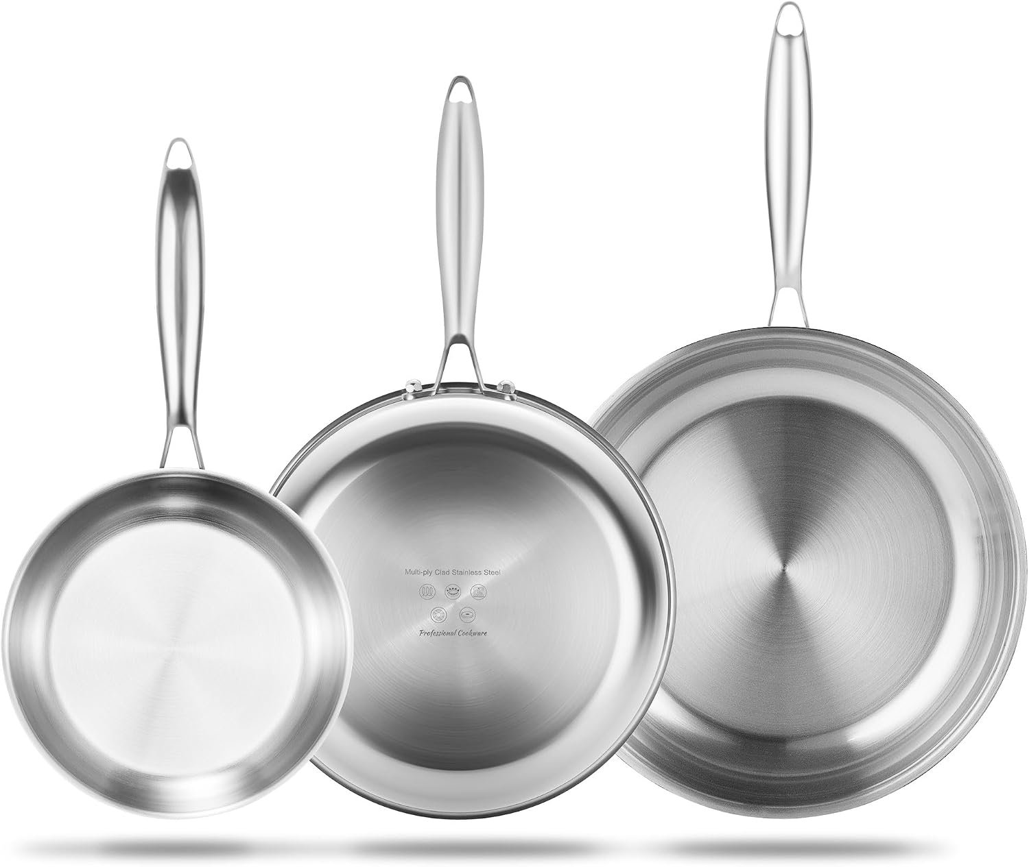 3-Piece Tri Ply Stainless Steel Frying Pan Set, 8″/10″/12″ Stainless Steel Frying Pans, Stainless Skillet Pan, Sauté Pans, Non-Toxic, Multiclad, Induction Oven Compatible, Dishwasher Safe