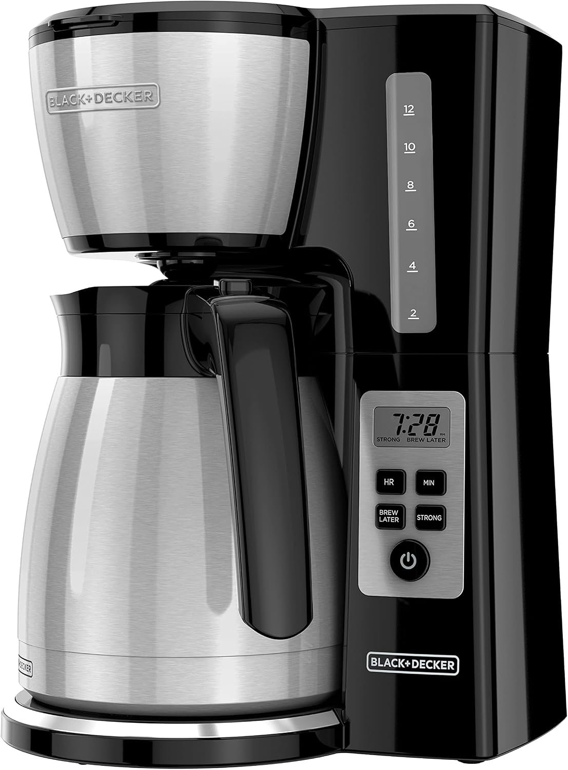 BLACK+DECKER 12 Cup Thermal Programmable Coffee Maker with Brew Strength and VORTEX Technology, Black/Steel, CM2046S | Programmable coffee maker with Vortex showerhead, brew strength control and mess-free Perfect Pour spout.