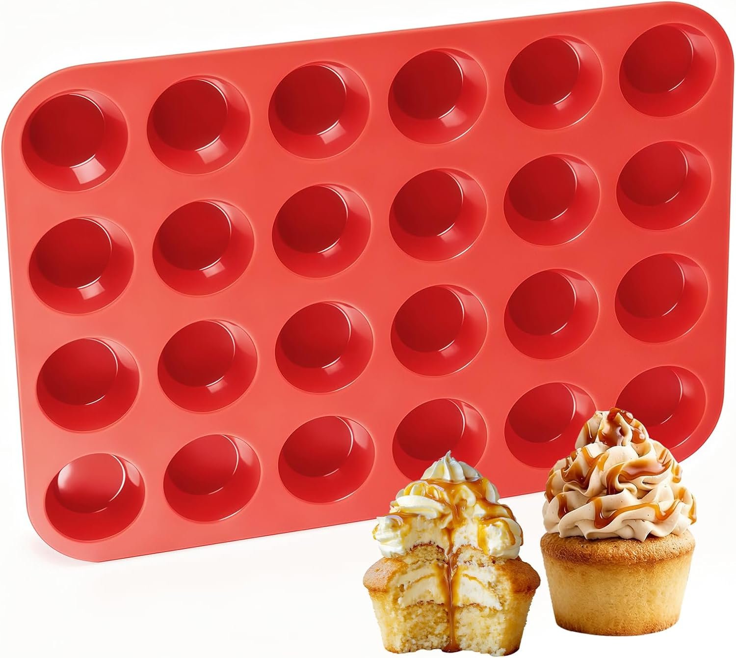 CAKETIME Silicone Muffin Pan Mini 24 Cups Cupcake Pan, Nonstick Food Grade Silicone Mold Baking Pan 1 Pack