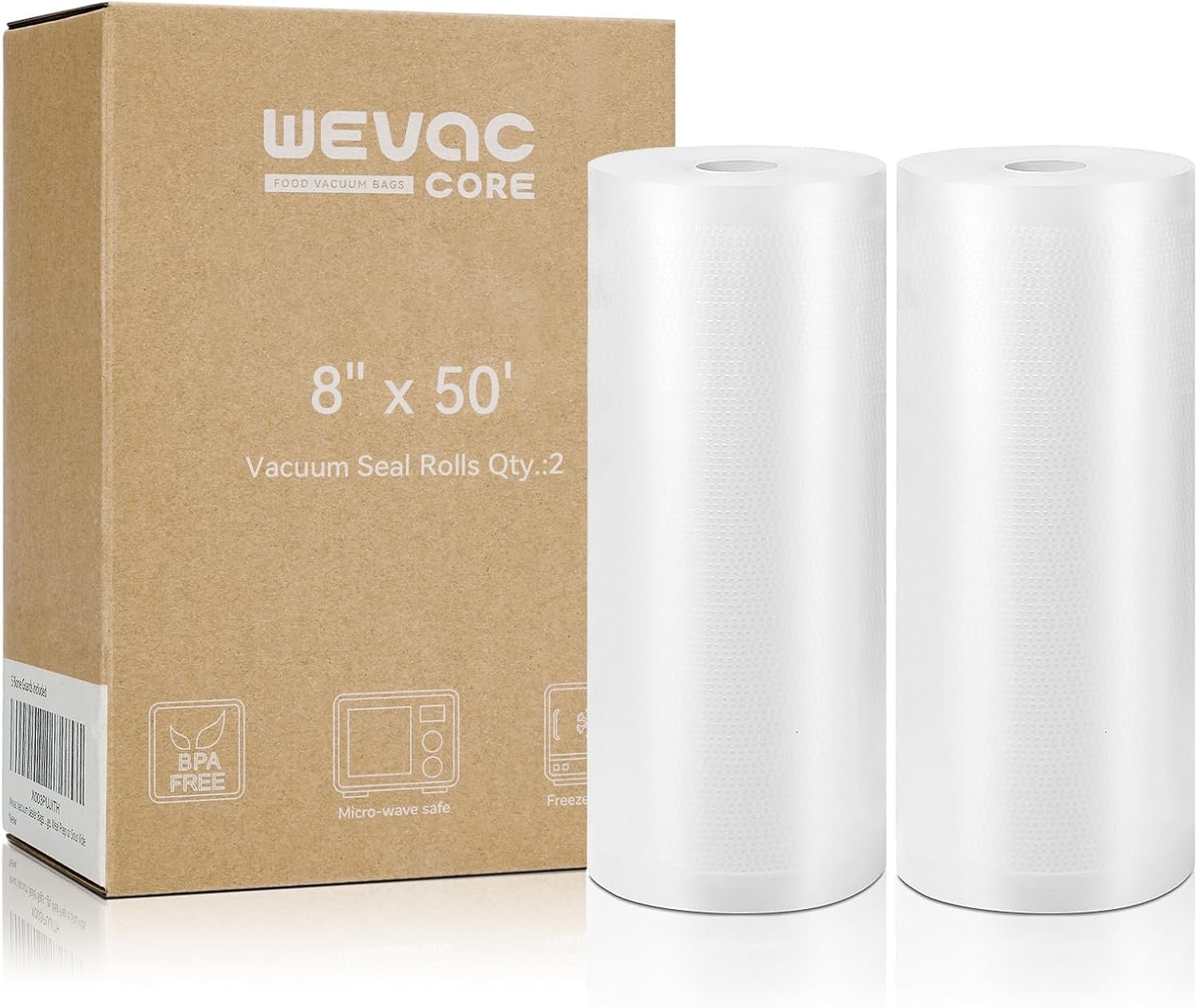 Wevac Vacuum Sealer Bags for Food 8×50 2 Rolls, Fit Food Saver Machines | Sous vide, Freezer Safe, BPA-free, Commercial Grade, Heavy Duty Vacuum Sael Bags for All Sealer Machines, Meal Prep Meat Fish