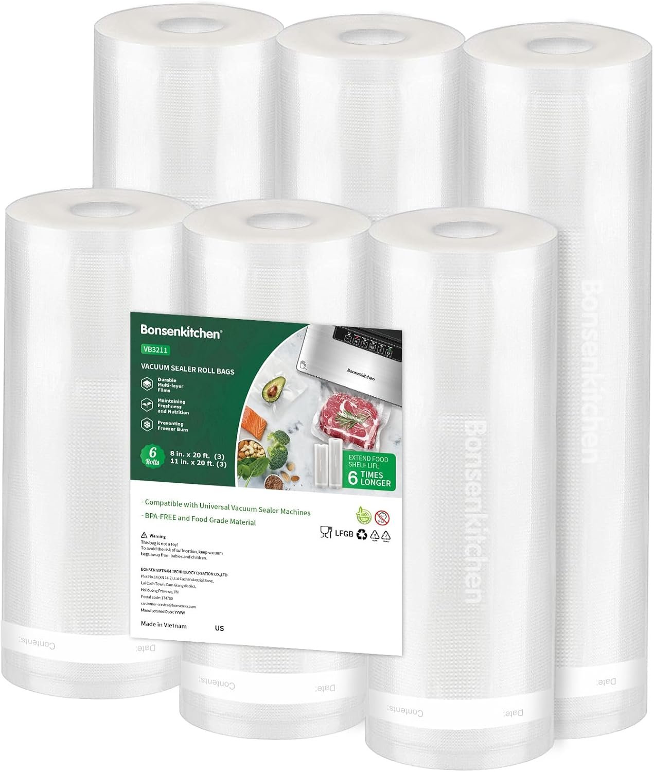Bonsenkitchen Vacuum Sealer Rolls bags, 3 Rolls 11″x 20’+ 3 Rolls 8″x 20′ | 6 Pack, Commercial Grade, Durable, BPA-Free, Custom-Size Vacuum Sealer Bags for Dry/Moist Food Storage and Sous Vide, VB3211