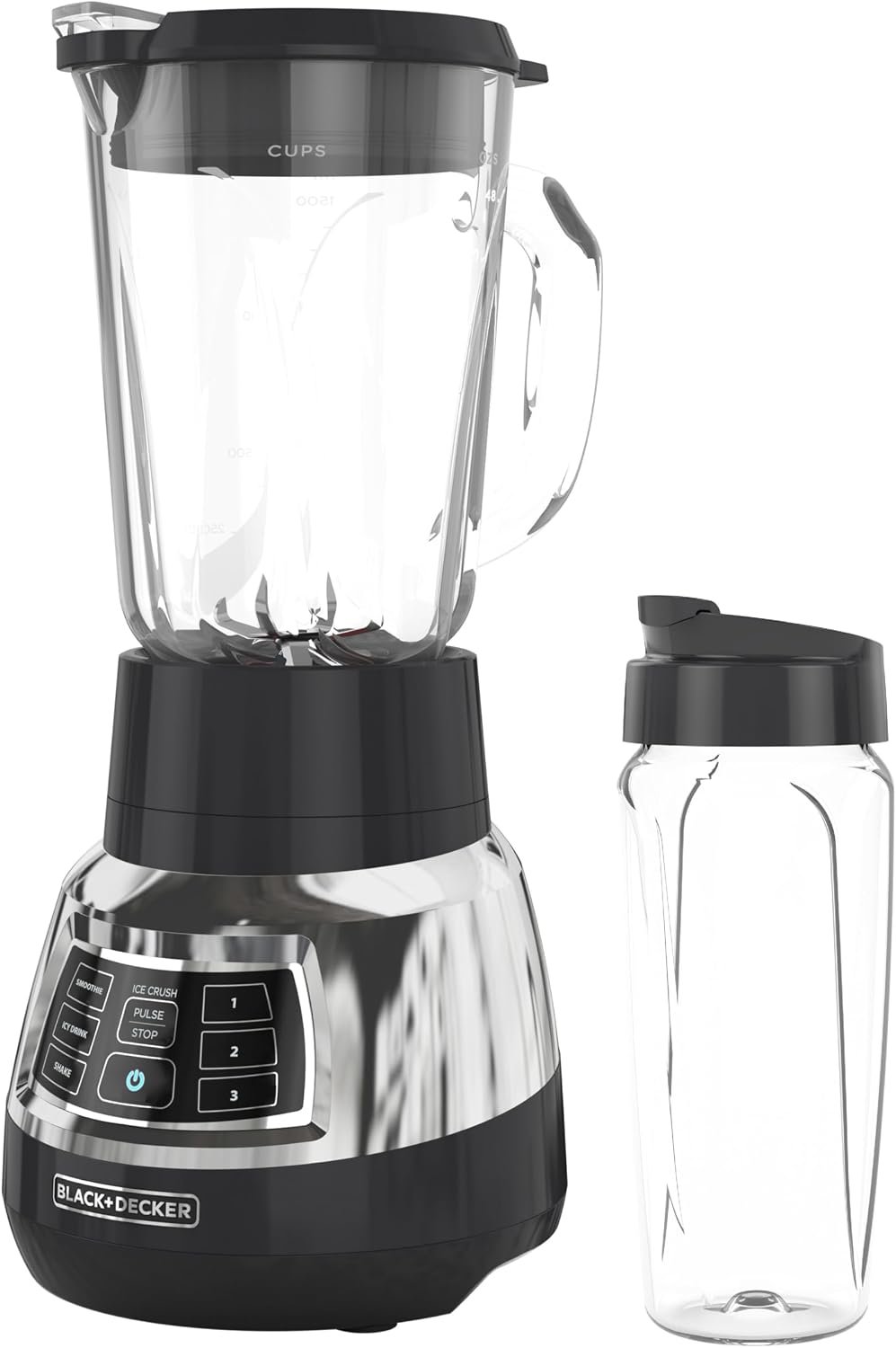 Black+Decker Quiet Blender with 6-Cup Cyclone Glass Jar, 3 Speeds + 3 Functions & Serrated Blade Technology for Faster Blending, Pulse Button and 24-oz Personal Jar, 900W | Quiet 900W blender with glass jar, personal travel cup and 6-tip blade for fast, smooth blending.