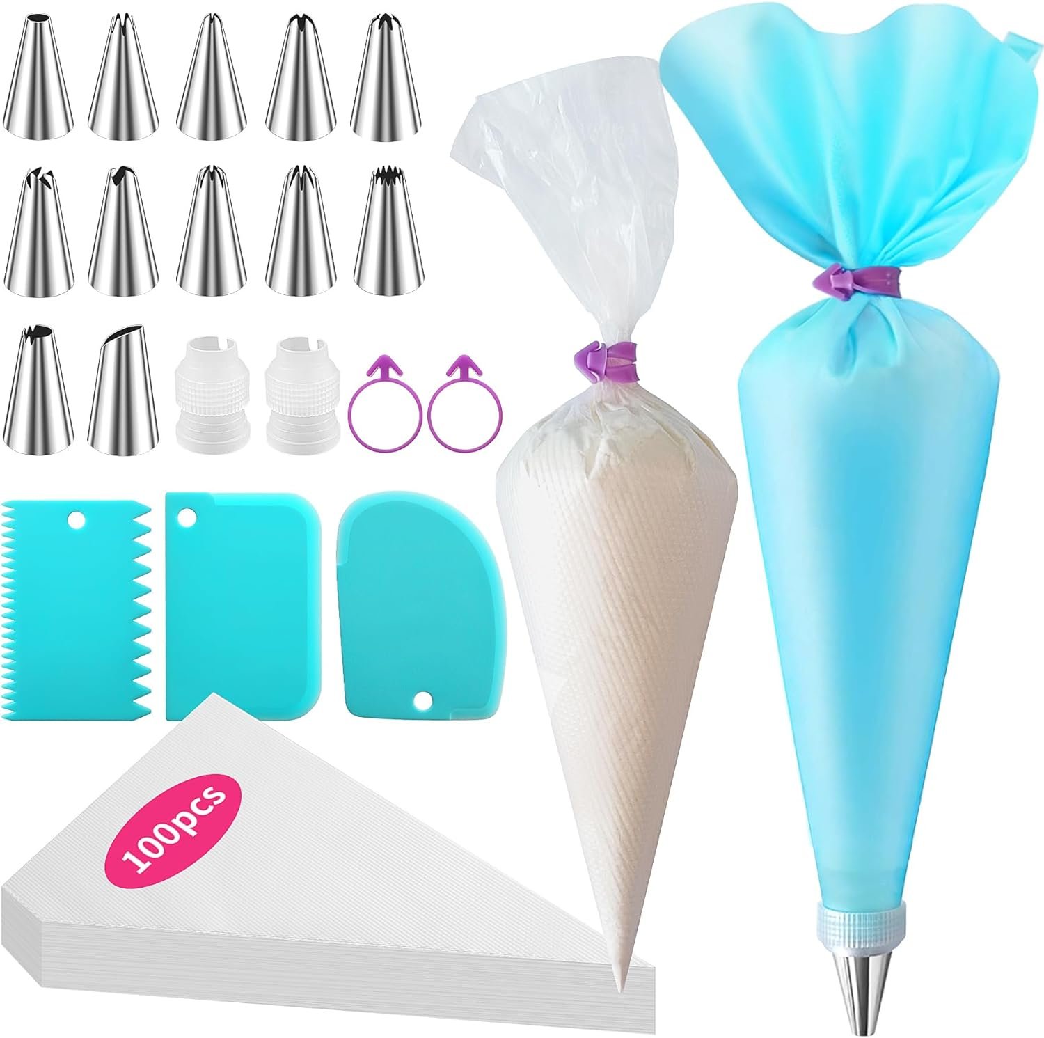 ALLTOP Piping Bags and Tips Set -Ultimate Cake Decorating Supplies Kit – Included 100 Disposable Pastry Bags, 1 Reusable Silicone Bag, 2 Couplers, 12 Frosting Tips, 2 Ties, 3 Icing Scrapers for Baking