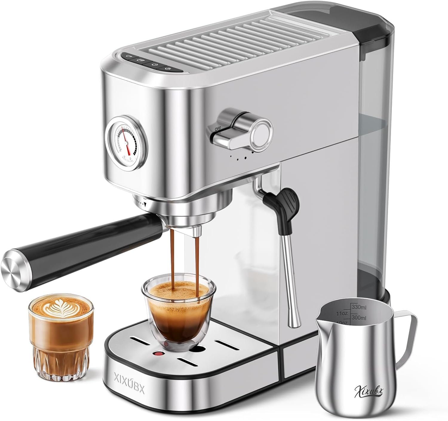 XIXUBX Espresso Machine with Milk Frother for Cappuccino & Latte for Home | 20-Bar Pump, Built-in Pressure Gauge, Powerful Steam Wand, Milk Frothing Pitcher, 42 oz Removable Water Tank, Stainless Steel