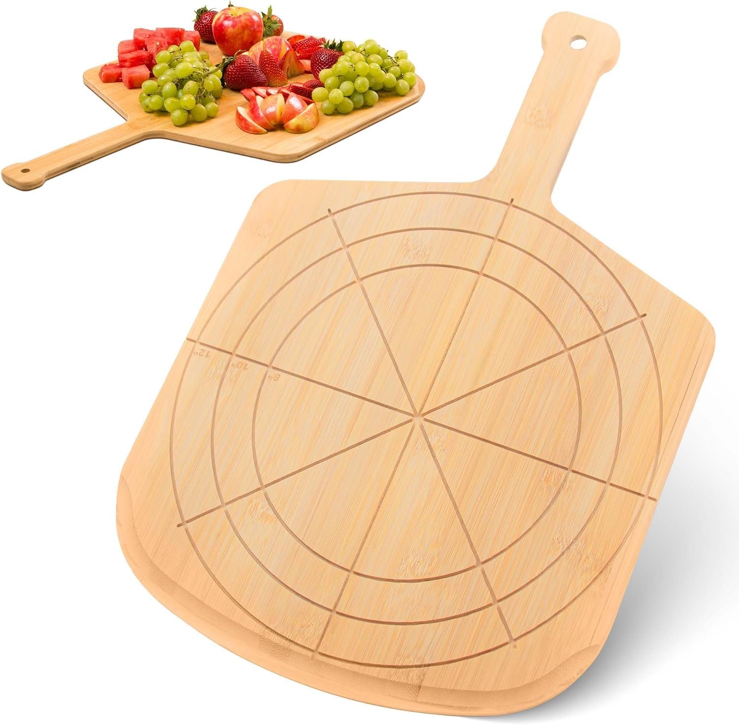 Wooden Pizza Peel 12 Inch Board with Engraved Sizes – Multi-Purpose Bamboo Pizza Cutting Board, Wood Pizza Peel, Pizza Spatula Paddle, and Serving Board with Size and Cutting Guide