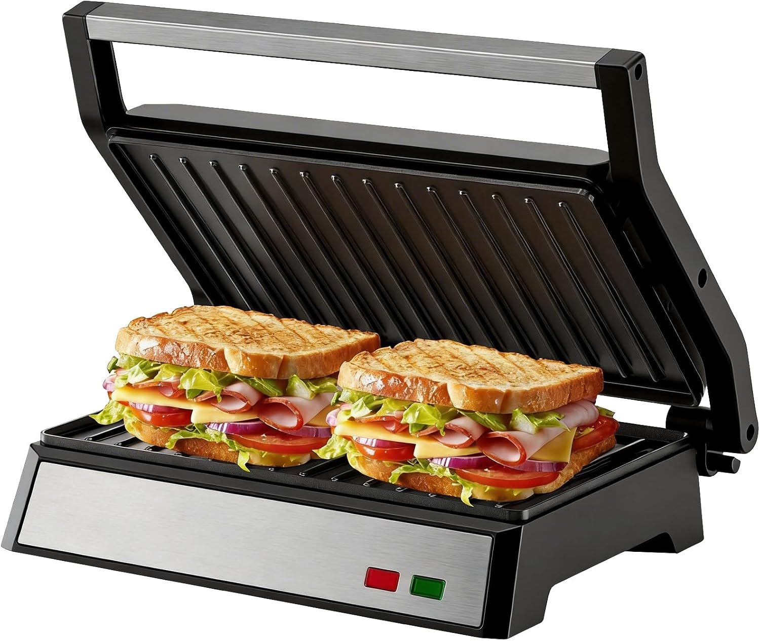 Panini Press Grill, 1200W Sandwich Maker with Non-Stick Plates, Standard 2-Slice Sandwich Press Electric Indoor Grill, Opens 180° to Fit Any Size of Food, Stainless Steel, Removable Drip Tray, Sliver