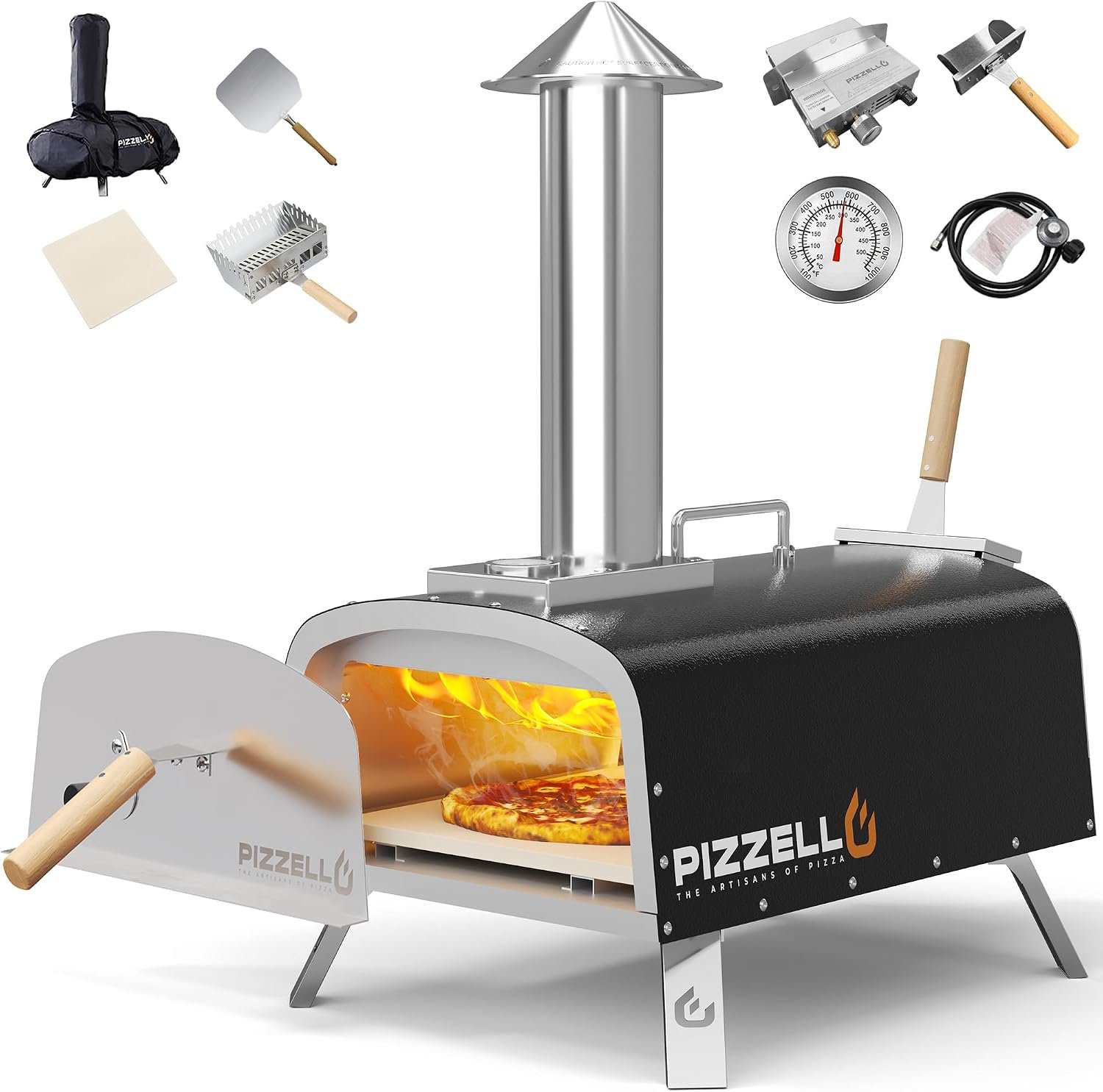12″ Outdoor Pizza Oven, Propane & Wood Fired Steel Pizza Grill | Stainless Steel Patio Pizza Oven with Gas Burner, Wood Tray Pizza Stone, Pizza Peel, Carry Bag for Outside, Garden Black