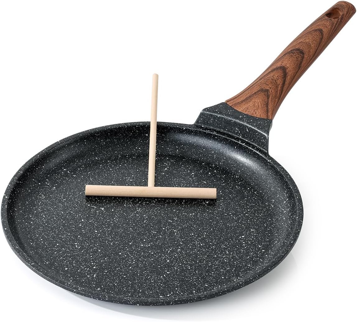 Kordisen Crepe Pan Nonstick, 10 Inch Dosa Pan with Spreader, Granite Coating Comales Para Tortillas Pancake Pan, Flat Bottom for Stove Top, Induction Compatible, PFOA Free