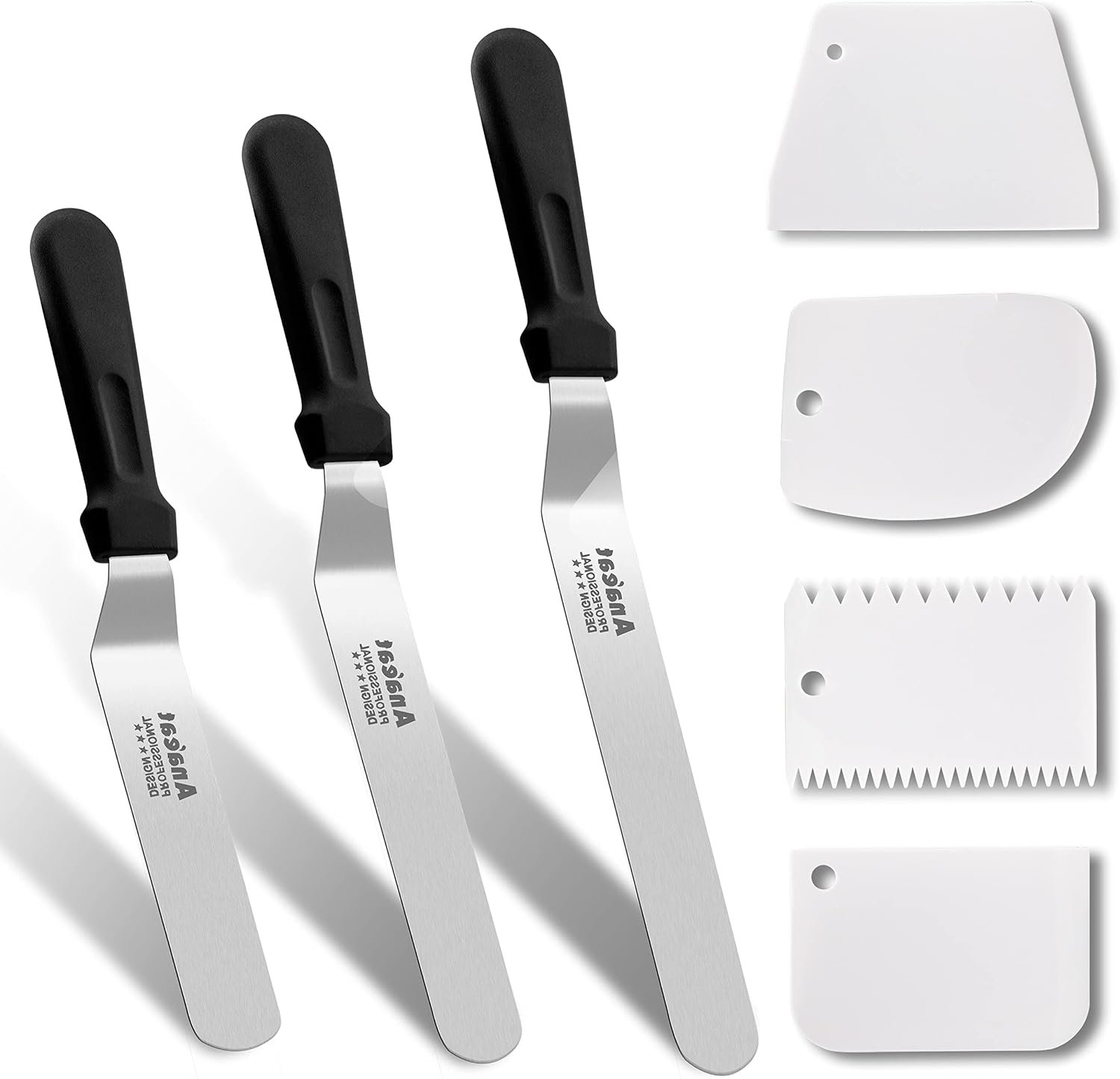 Anaeat Icing Spatula, 3 Pieces Professional Angled Offset Frosting Spatulas with 6″, 8″, 10″ Stainless Steel Blades & 4 Pack Cake Smoother Scraper for Cake Decorating, Baking & Pastry (Set of 7)
