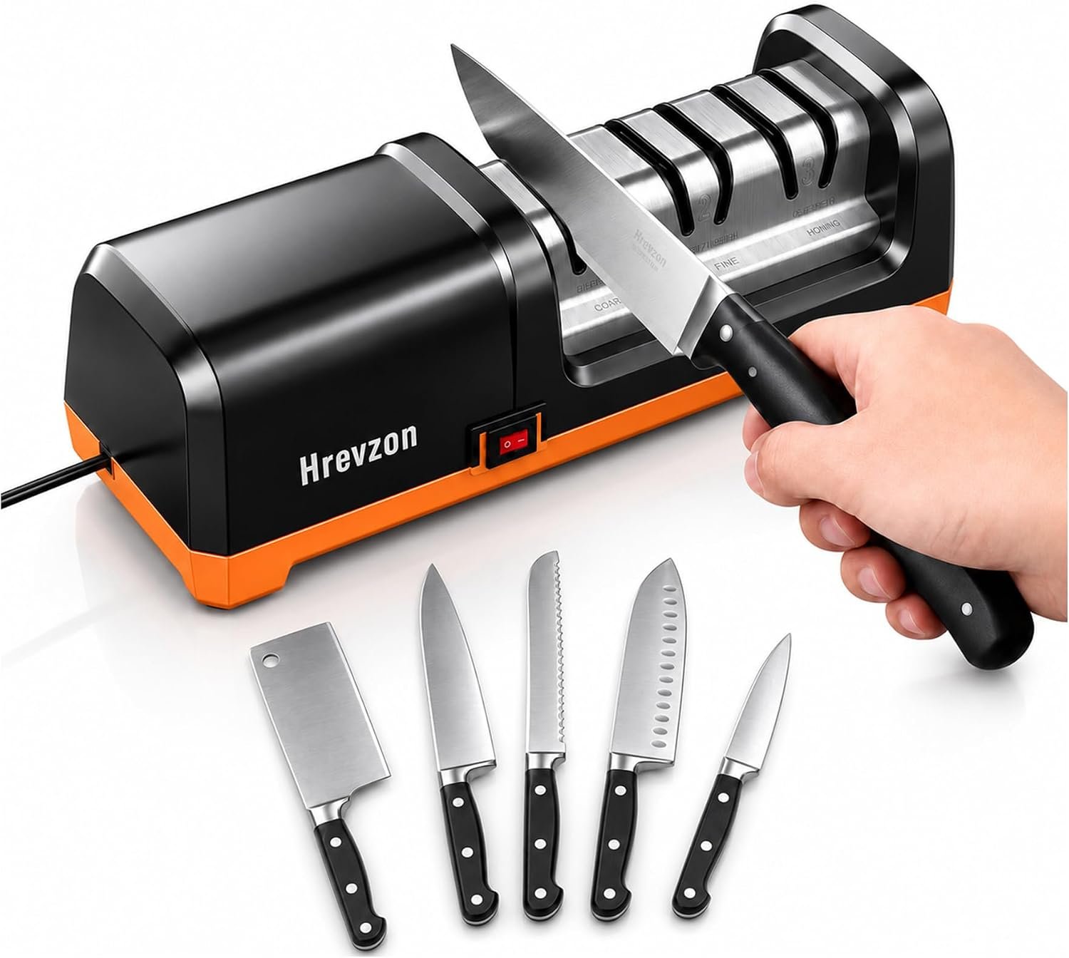 Electric Knife Sharpener 100% Diamond Abrasives, 3 Stages Knife Sharpener | Professional, Precision Angle Guides, Quick Sharpening/Polishing for Kitchen Knives, Non-Slip Base, Magnetic Dust Collector
