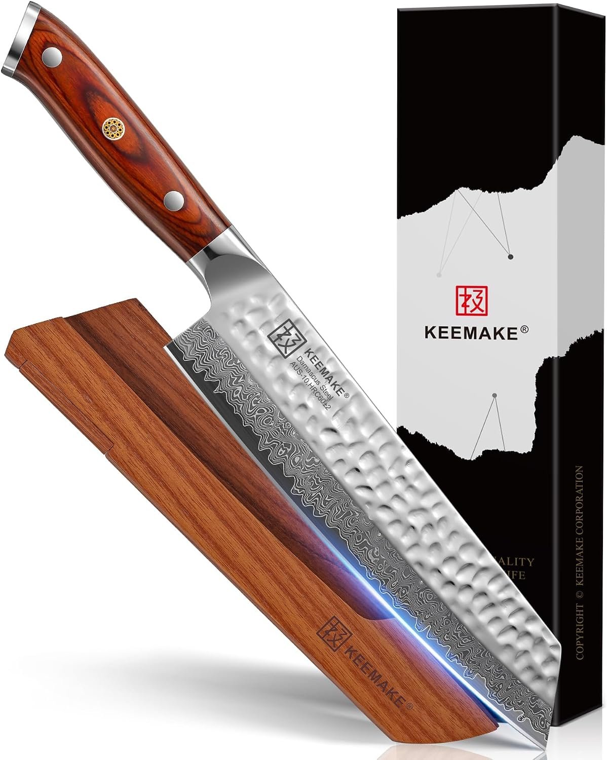 8″ Damascus Chef Knife, VG10 Japanese Knife with Ash Sheath | Ultra Sharp 10° Edge Kiritsuke Kitchen Knife, 67 Layers Hand Forged Hammered Cooking Knife for Meat, Vegetable, Fruit, BBQ