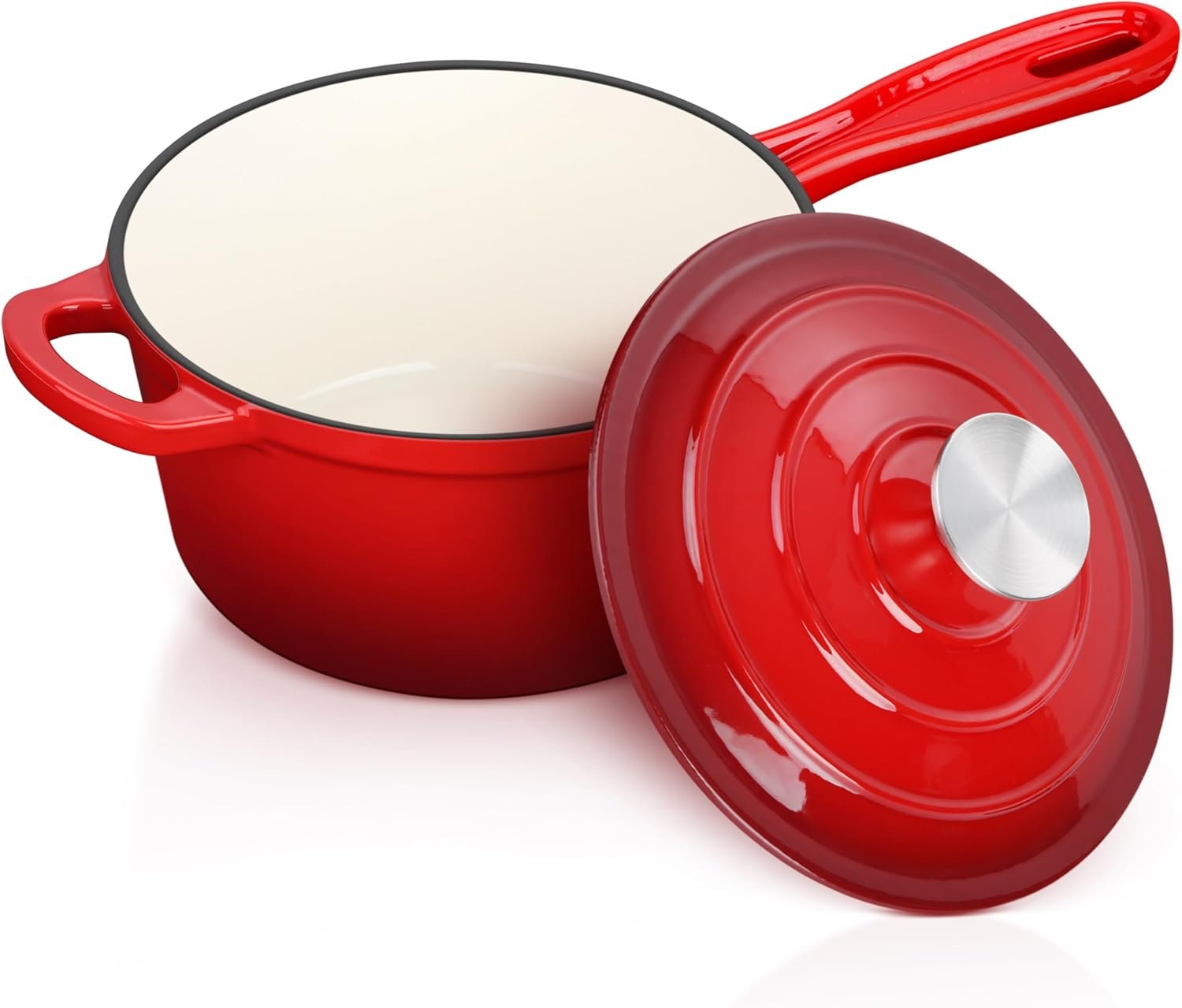 Enameled Cast Iron Sauce Pan with Lid, Leonyo 2 Quart Saucepan with Lid, Enamel Cast Iron Dutch Oven Kitchen Cookware for All Cooktops Making Pasta Sauce, Milk, Oatmeal – Up to 500°F & 6.7Lbs, Red