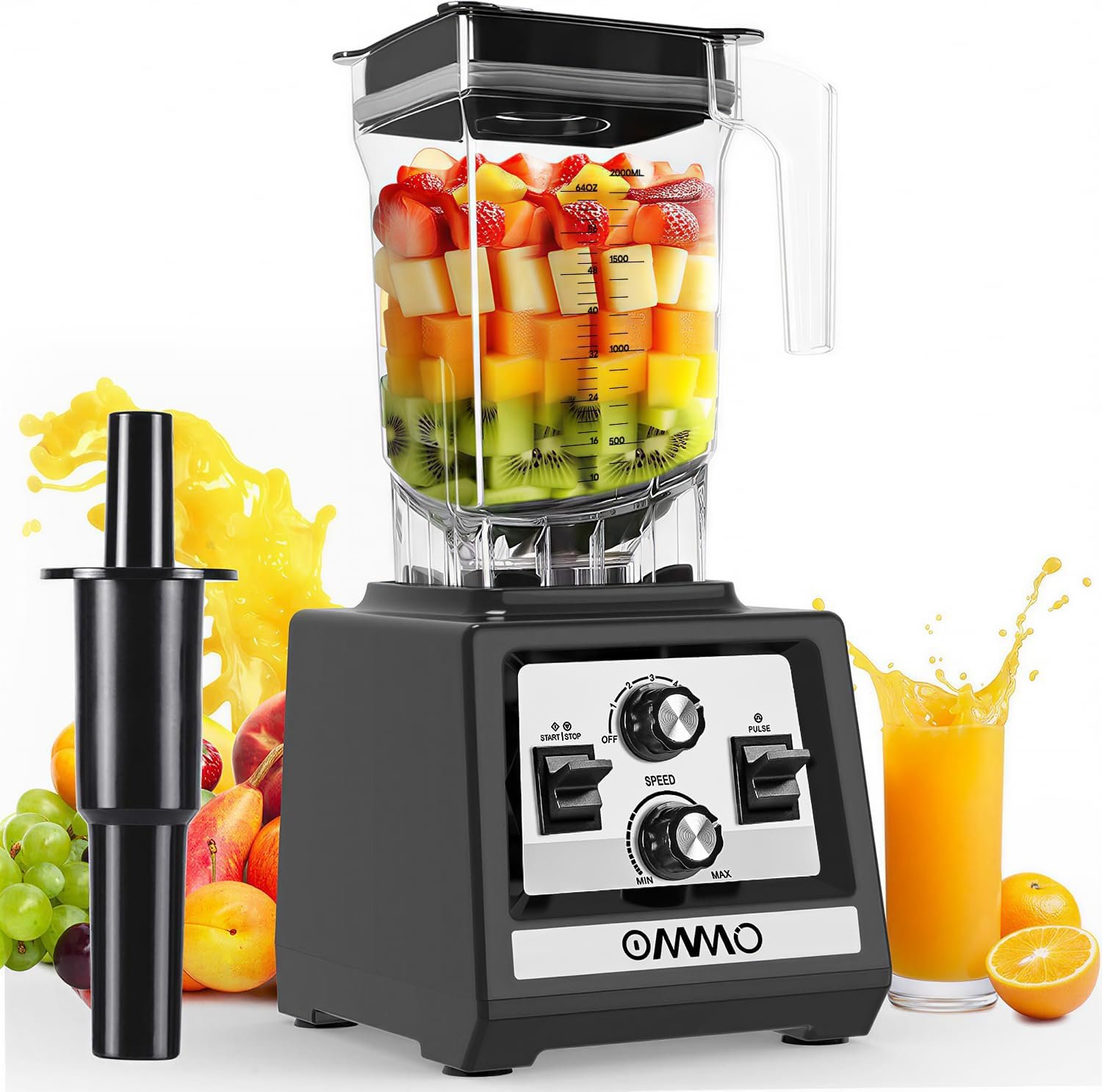 OMMO Kitchen Countertop Blender 1800W, Smoothies & Ice Crush, Black | 68oz Large Capacity BPA-Free PC Jar, Equipped with Steel Blades, 6 Min Timer & Adjustable Speed Control, Dishwasher Safe