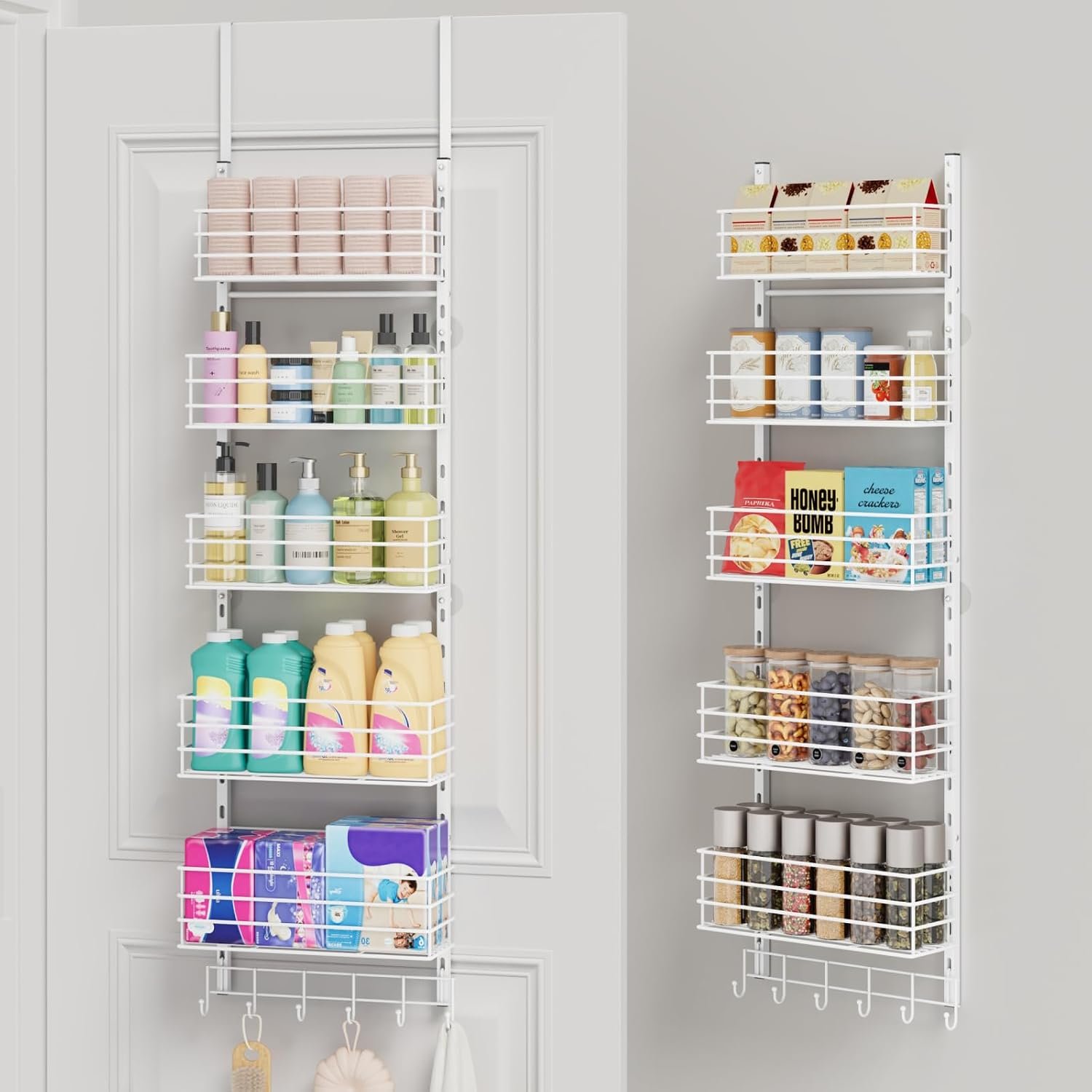 SWTYMIKI Over The Door Organizer – Door Organizer Hanging with 5 Adjustable Metal Large Capacity Basket and 6 Coat Hook, Wall Mounted Shelf for Bedroom Closet Bathroom Laundry Pantry Cabinet Kitchen