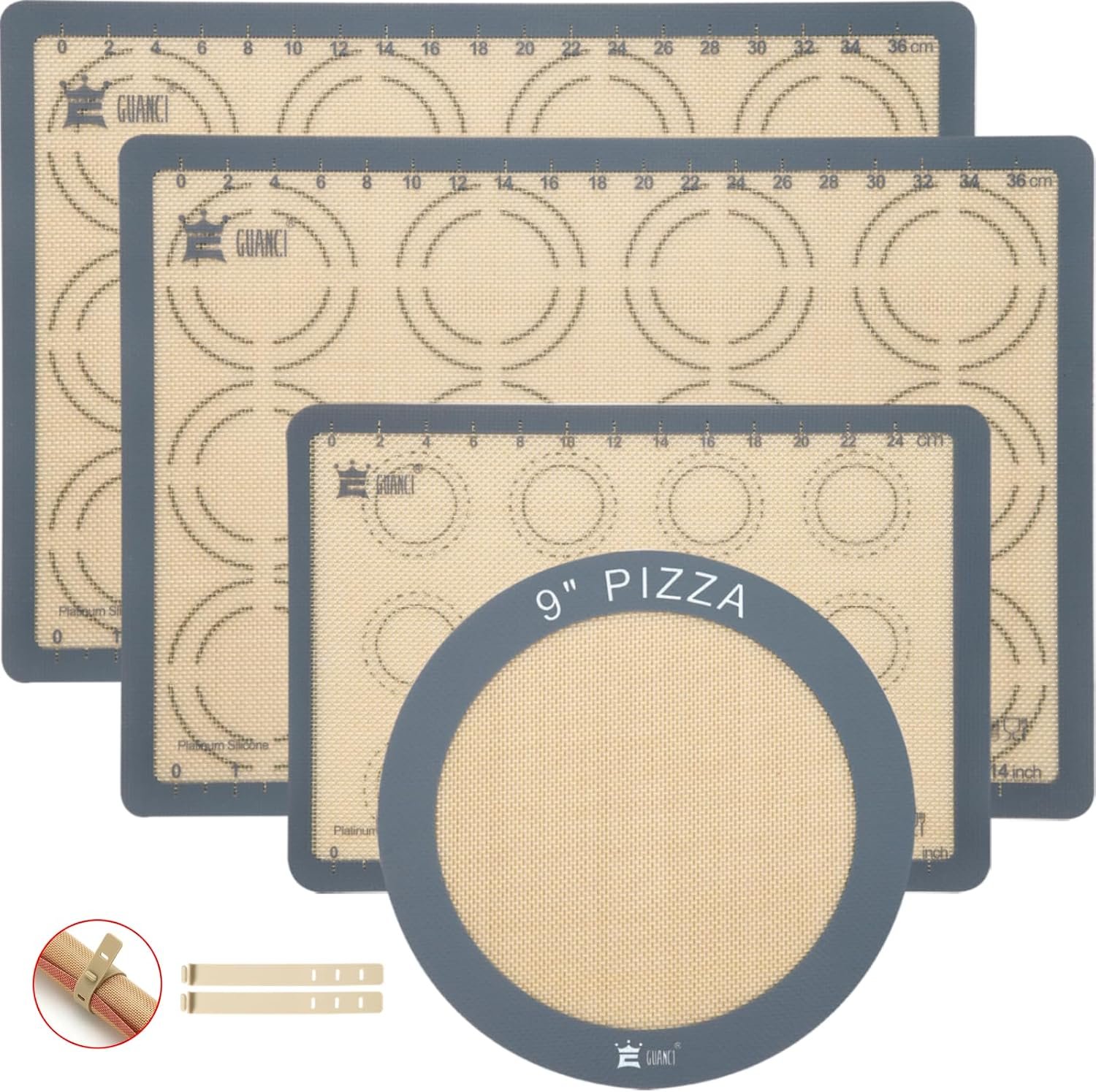GUANCI Silicone Baking Mat Set of 4, 2 Medium 16.5″x11.6″, 1 Small 11.8″x8.4″, 1 Piece 9″ Round, All Mats 0.7mm Thick, Food Grade Non-Stick Reusable Baking Mats for Pizza, Bread, Pastry, Macarons