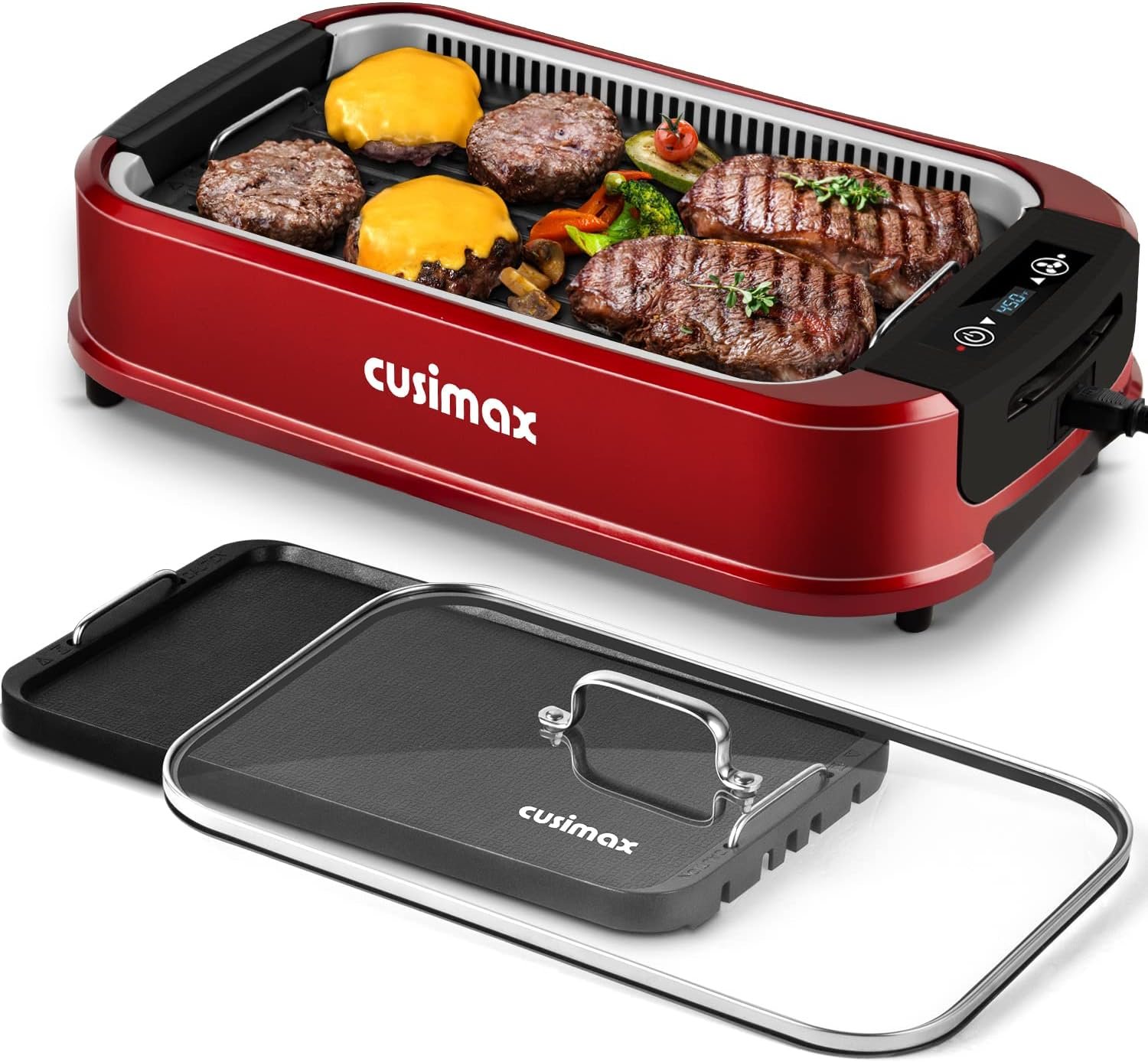 Indoor Grill, CUSIMAX Smokeless Grill Indoor, Electric Griddle, 1500W, Red | with Smart LED Display & Tempered Glass Lid, Non-stick Removable Plate & Griddle Plate, Adjustable Temperature, Easy Cleanup