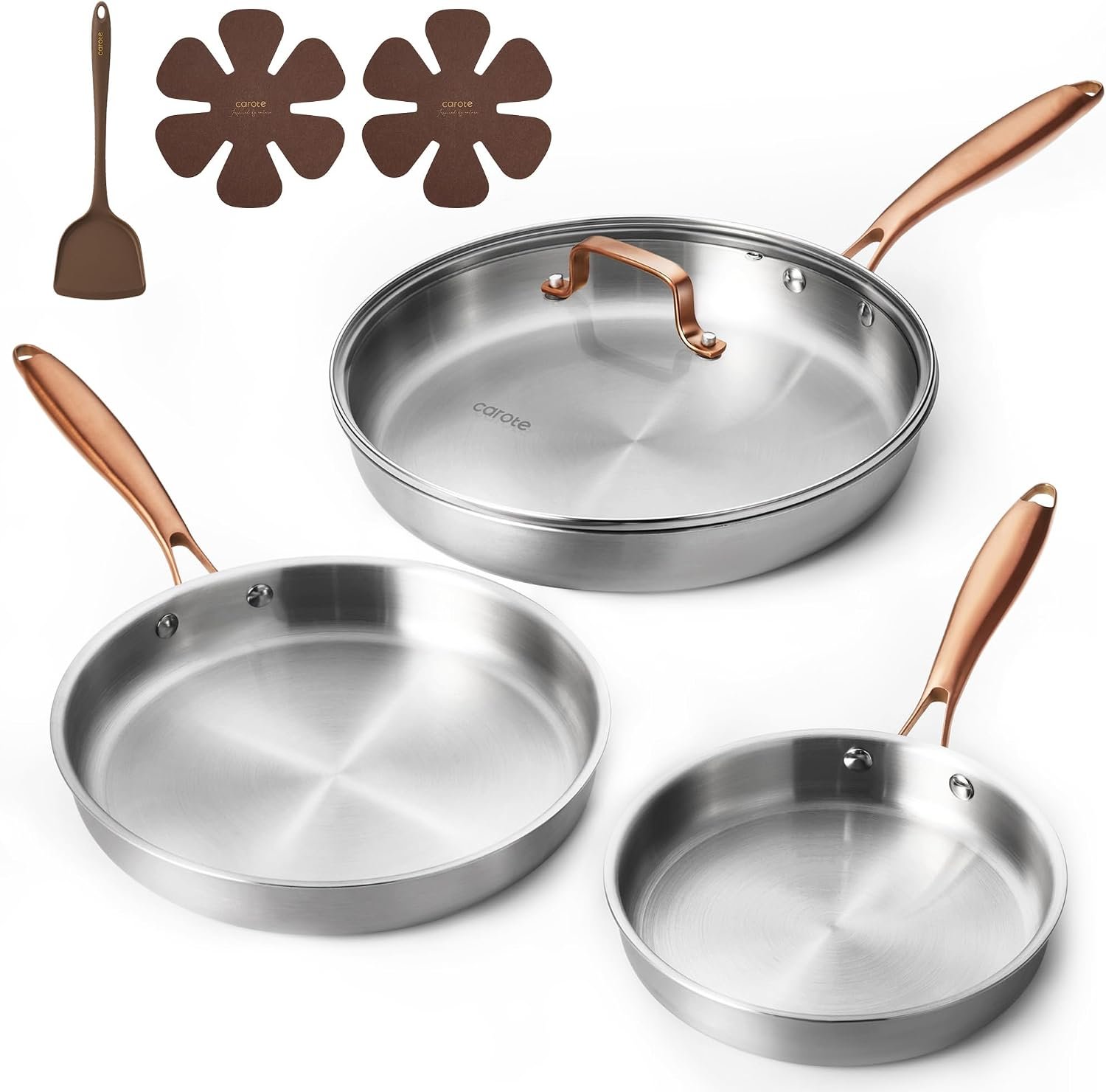CAROTE 7-Piece Tri-Ply Stainless Steel Frying Pan Set, Skillet Set 8″/10″/12″, Induction Compatible, Oven & Dishwasher Safe, Gold Handle
