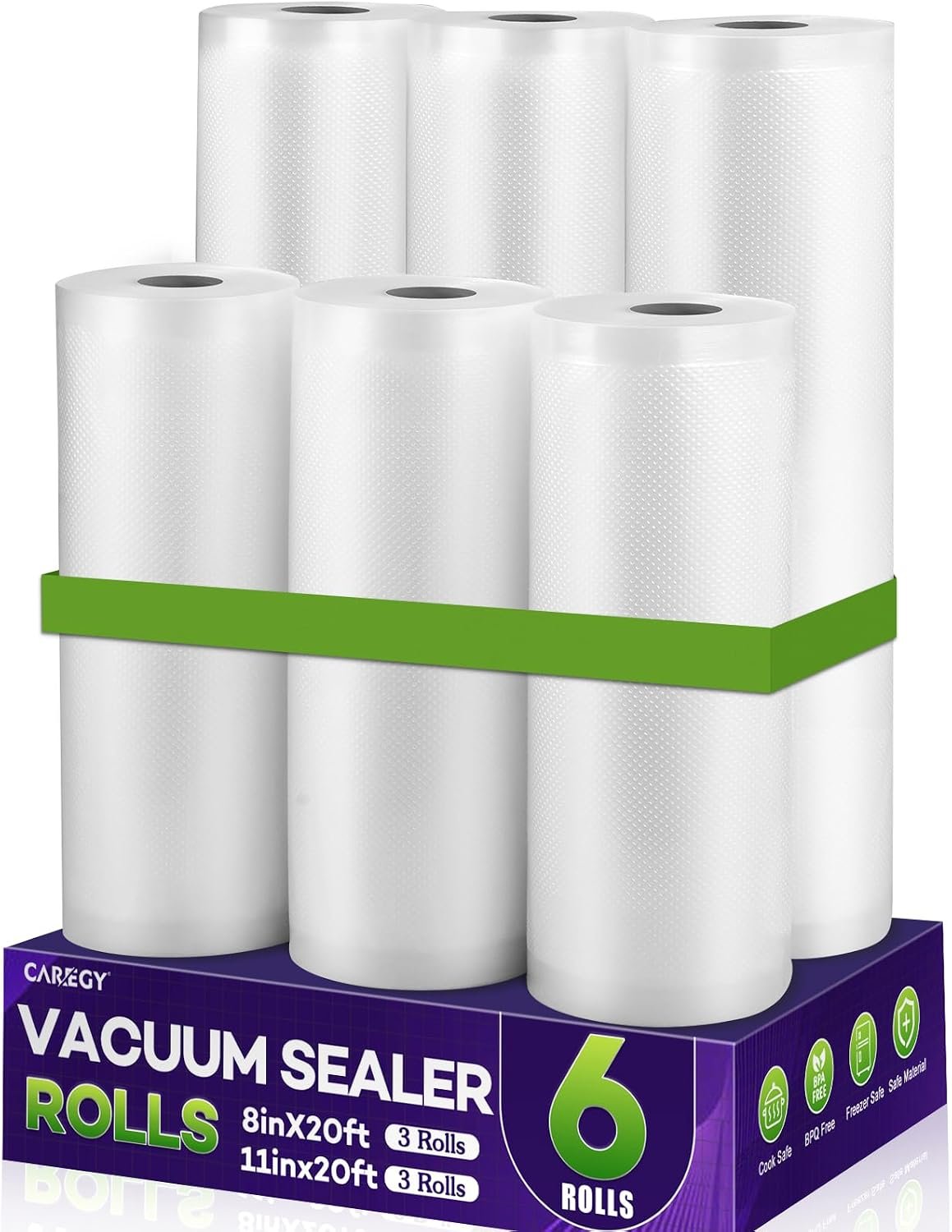 CAREGY Food Vacuum Sealer Rolls Bags 6 Pack | 3 Rolls 8” x 20′ & 3 Rolls 11”x 20′, Commercial Grade BPA Free Embossed Food Saver Bag Rolls for Meal Prep & Food Storage