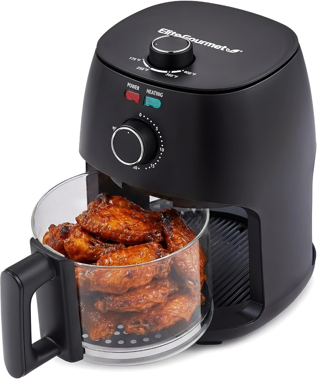 Elite Gourmet Glass Air Fryer, 2.4Qt, PFAS-Free Basket, 1150W, Black | Visible-Cooking Ceramic & Glass Basket, Adjustable Temp 175-400°F – Compact, Ideal for 1-2 People, Mini Size