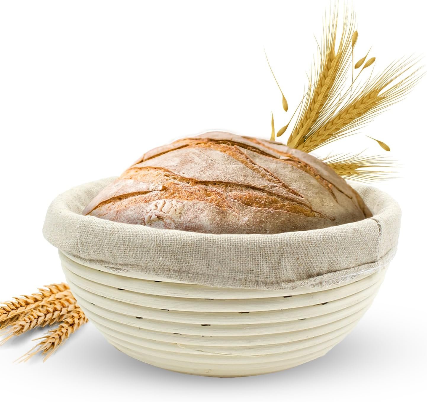 Vollum Banneton Bread Proofing Basket with Liner, Round 8.5″ | Handmade rattan brotform for sourdough proofing; included linen liner prevents sticking. A thoughtful gift for home bakers.