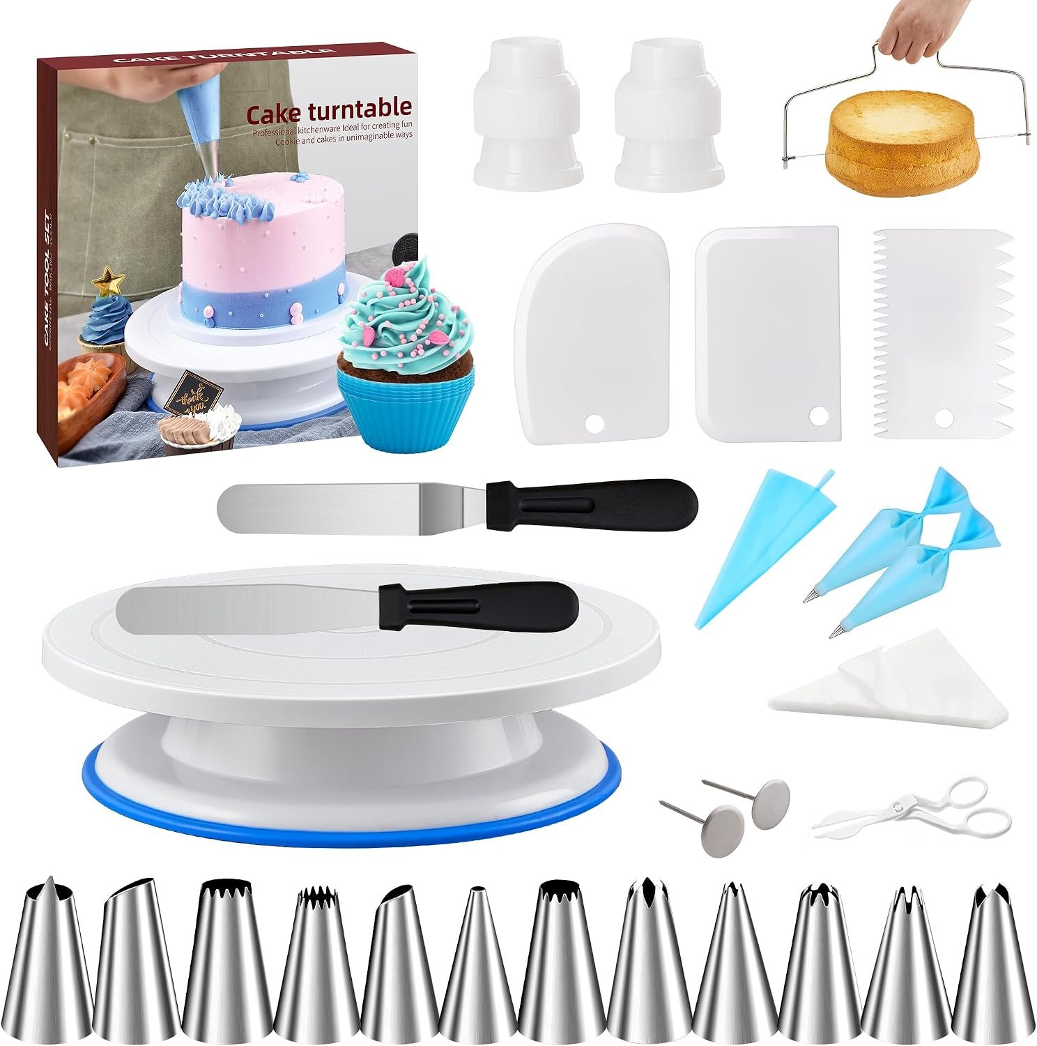 Cake Decorating Tools Supplies Kit – 82Pcs Baking Accessories with Turntable Stand Leveler 12 Piping Tips 52 Bags Icing Comb Scrapers Spatulas Cupcake Cookie Frosting Fondant Bakery Set for Beginners