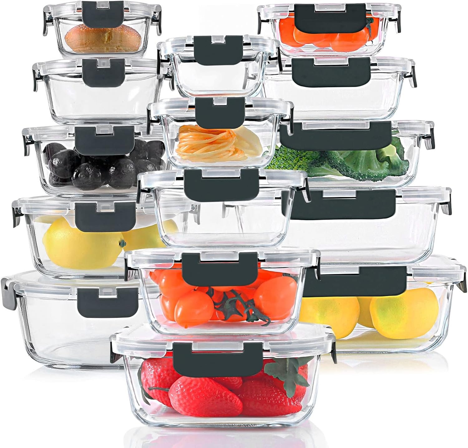 30 Pieces Glass Food Storage Containers Set with Lids, Gray | Glass Meal Prep Containers Set, Snap Locking Lids, Airtight lunch Containers for Microwave, Oven, Freezer & Dishwasher