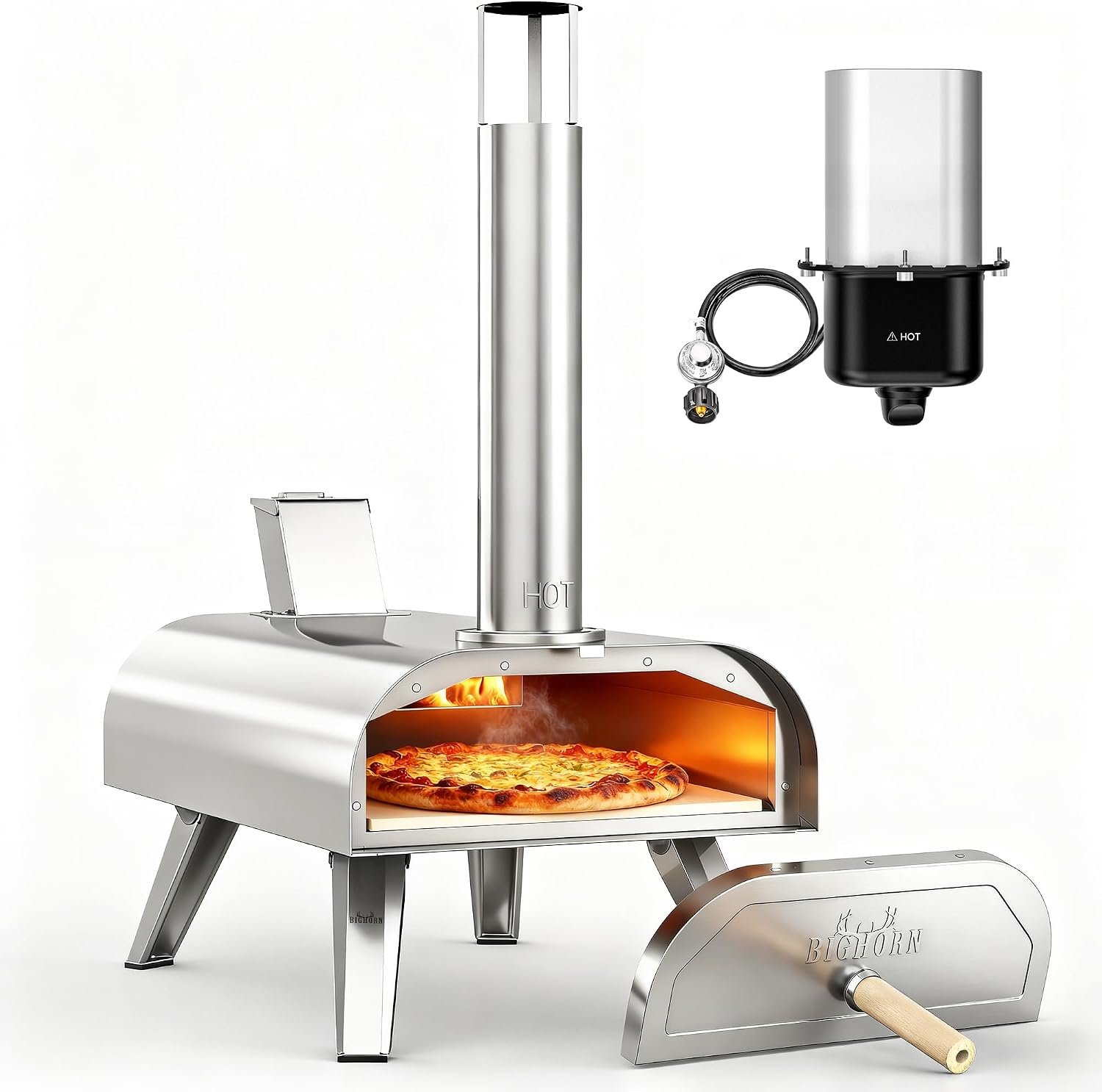BIG HORN OUTDOORS 12″ Multi-Fuel Pizza Oven, Portable Outdoor Pizza Oven, Wood Fired & Propane Gas, Pellet Pizza Maker with Pizza Stone