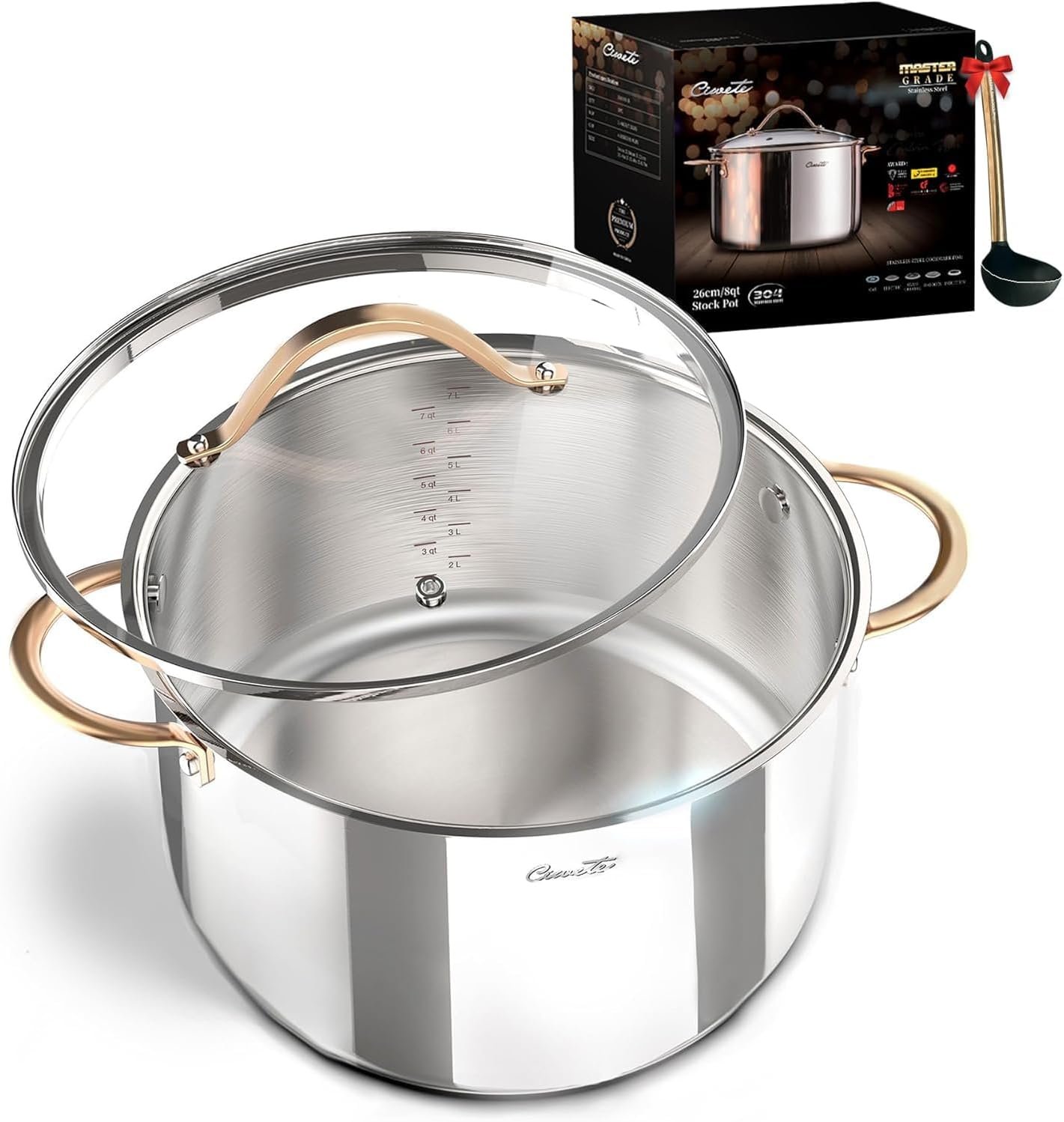 Ciwete 8 Quart Stock Pot, 3 Ply Whole Clad Stainless Steel Stock Pot, 8 QT Cooking Pot with Lid, Induction Pot for Cooking, 18/10 Stainless Steel Cookware Stockpots Oven, Gas and Dishwasher Safe