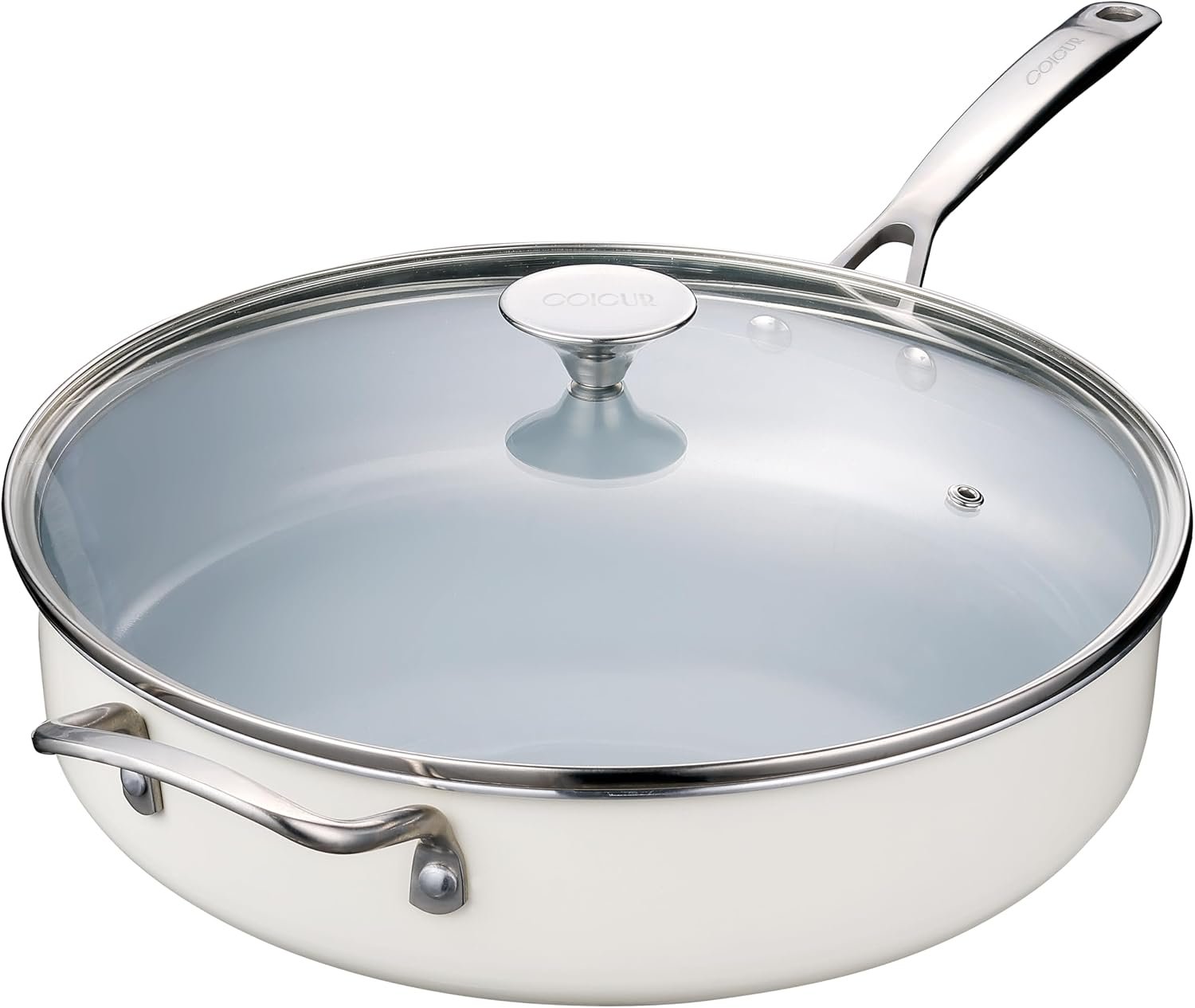 Nonstick Sauté Pan with Lid 5 QT Deep Frying Pan with Stainless Steel Handle 12 inch Large Skillet Ceramic Jumbo Cooker for Cooking Induction Compatible Frying Pan, Cream White