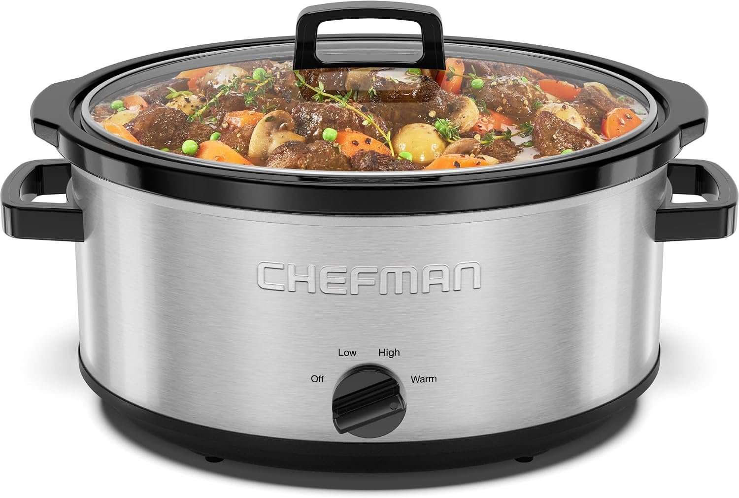 Chefman Slow Cooker 7 Quart, Large Family Size Slow Cooker with Low, High & Warm Settings, Removable Ceramic Crock, Tempered Glass Lid, Dishwasher-Safe for Easy Cleanup, Stainless Steel