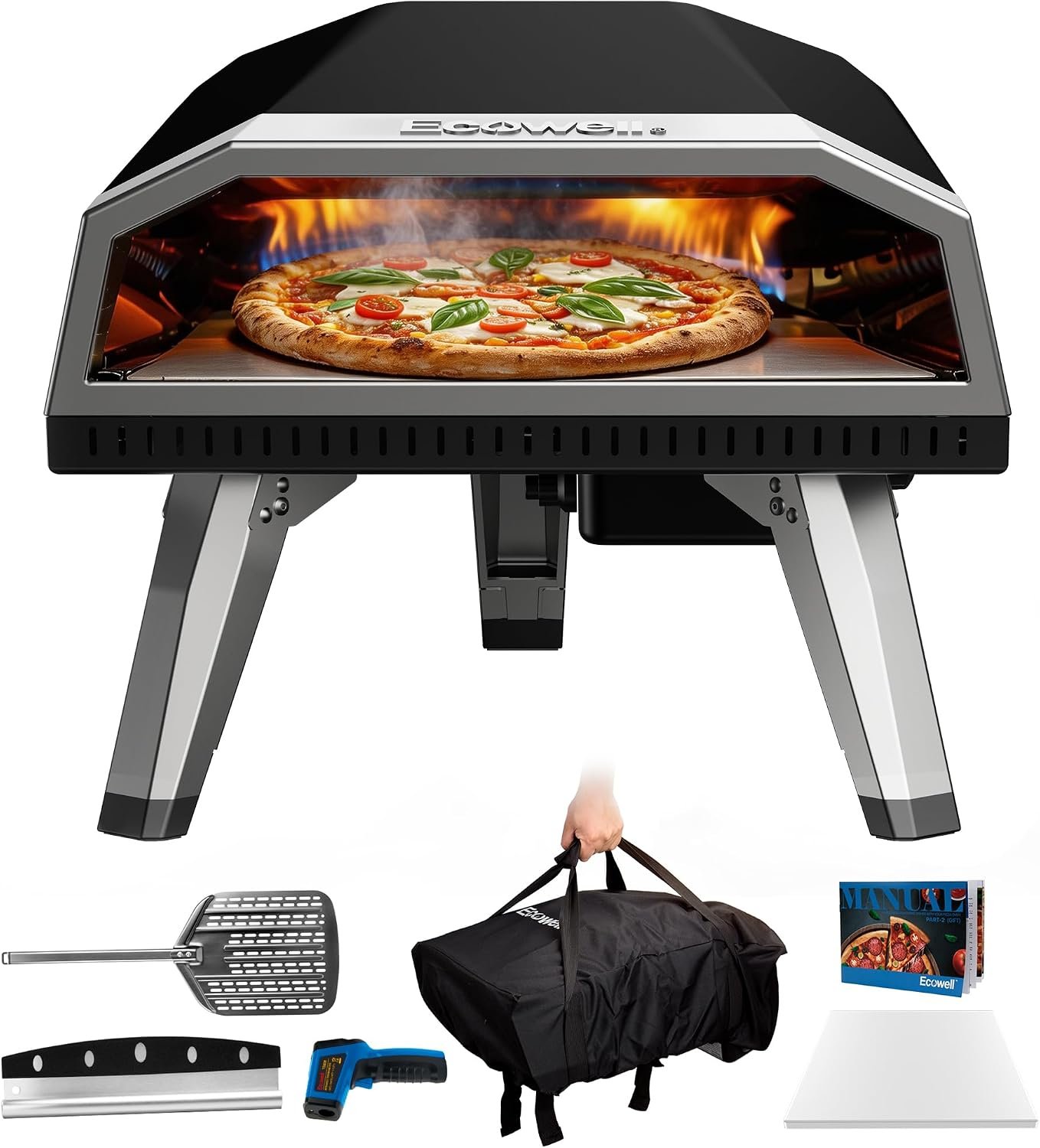 ECOWELL 12 inch Gas Pizza Oven Outdoor Propane, Portable Pizza Oven | with Pizza Stone, Stainless Steel Pizza Oven Indoor & Outdoor for Camping Backyard, Ignition Built-in, 12 min Fast Heating