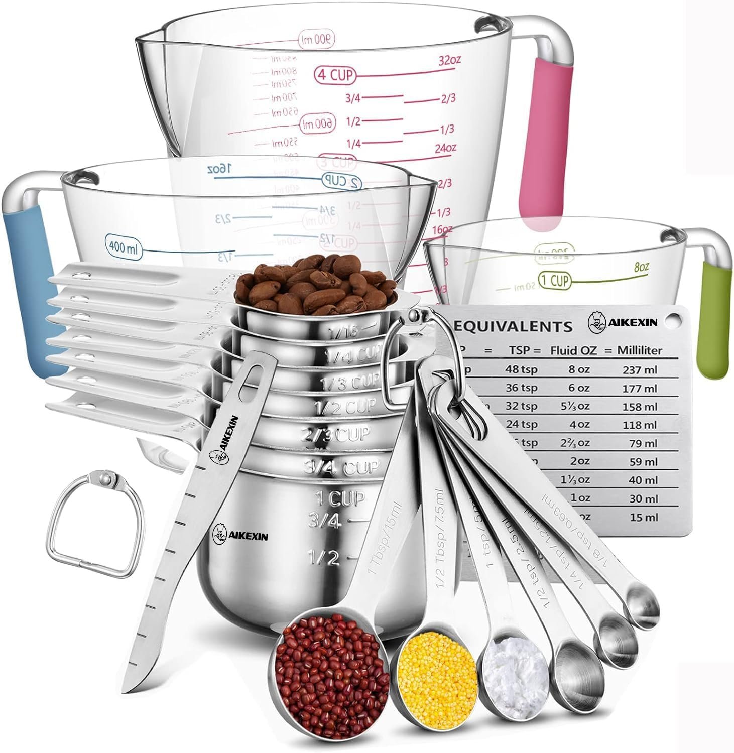 AIKEXIN 20 PCS Measuring Cups & Spoons Set, for Cooking & Baking Gadgets | 18/10 Stainless Steel, Metal Material | Nesting, Stackable Design | Dry & Liquid | Plastic | Leveler, Conversion Chart