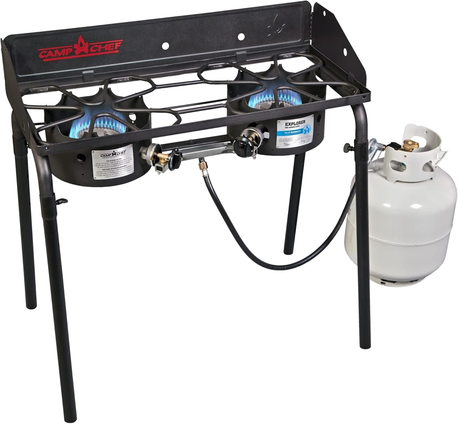 Camp Chef Explorer, Two Burner Stove, Two 30,000 BTU’s cast-aluminum burners, Cooking Dimensions: 14 in. x 32 in, Black