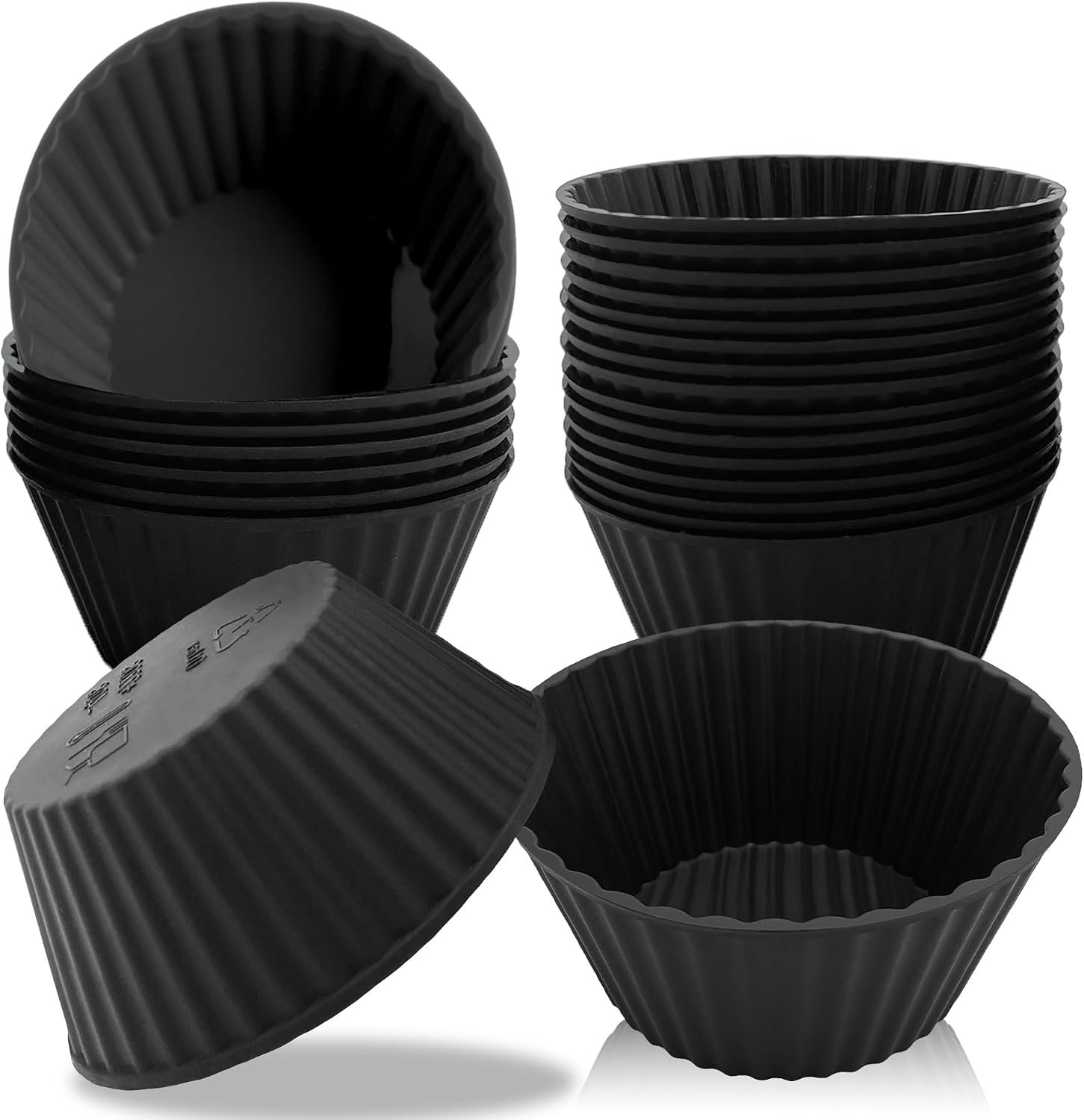 24 Pack Reusable Silicone Cupcake Liners Black, Regular Size Black Silicone Muffin Cups for Kitchen, Non-Stick Baking Cups for Cupcakes, Muffins