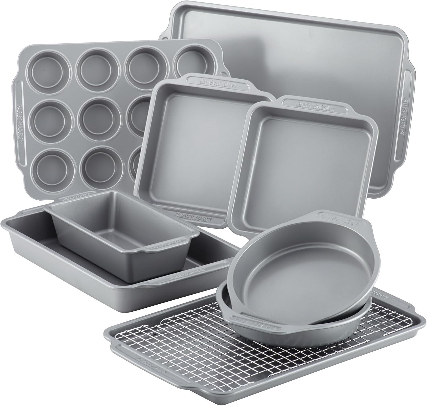 Farberware Nonstick Bakeware Set with Cooling Rack, 10-Piece, Gray