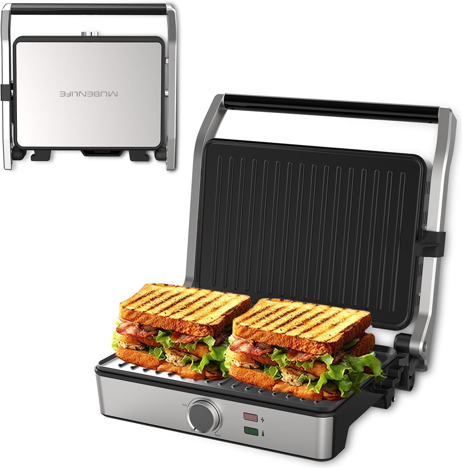 Multi-Use Electric Panini Press Contact Sandwich Griddle Grill | Adjustable Temperature,180 degree open, For Grilling Sandwiches, Burgers and Steaks, Non-Stick Coated, Easy cleaning