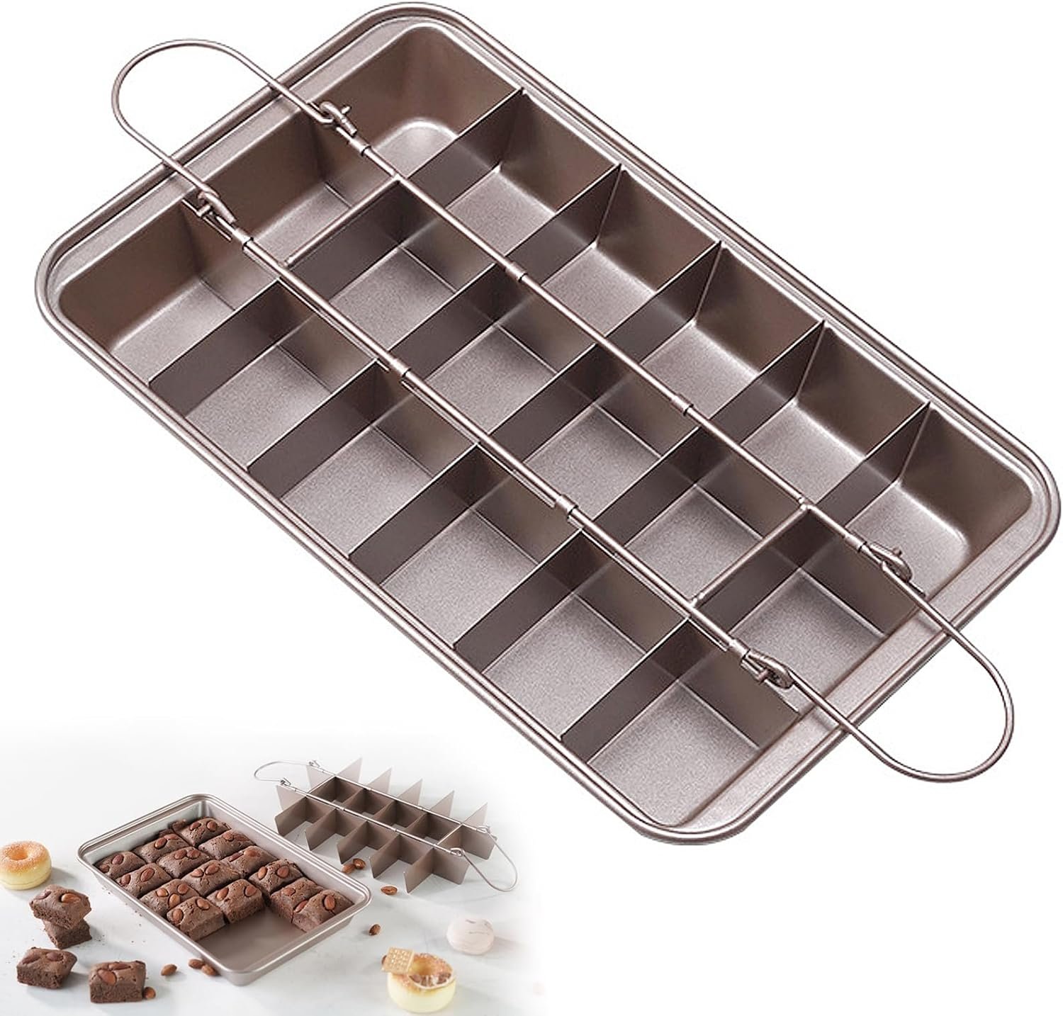 Brownie Pan with Dividers, Non-Stick 18 Pre-cut Crispy Edges, Carbon Steel | Carbon Steel. Makes 18 pre-cut edge brownies. Versatile for cakes, pizza & fudge. Easy non-stick release & cleanup.